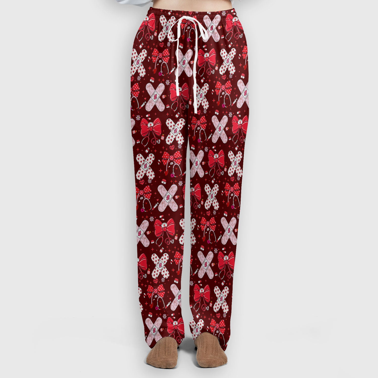 Valentine Nurse Scrub Set, Red Bow And Heart Bandage Pattern Medical Shirt, Breathable Fabrics Nursing Uniform