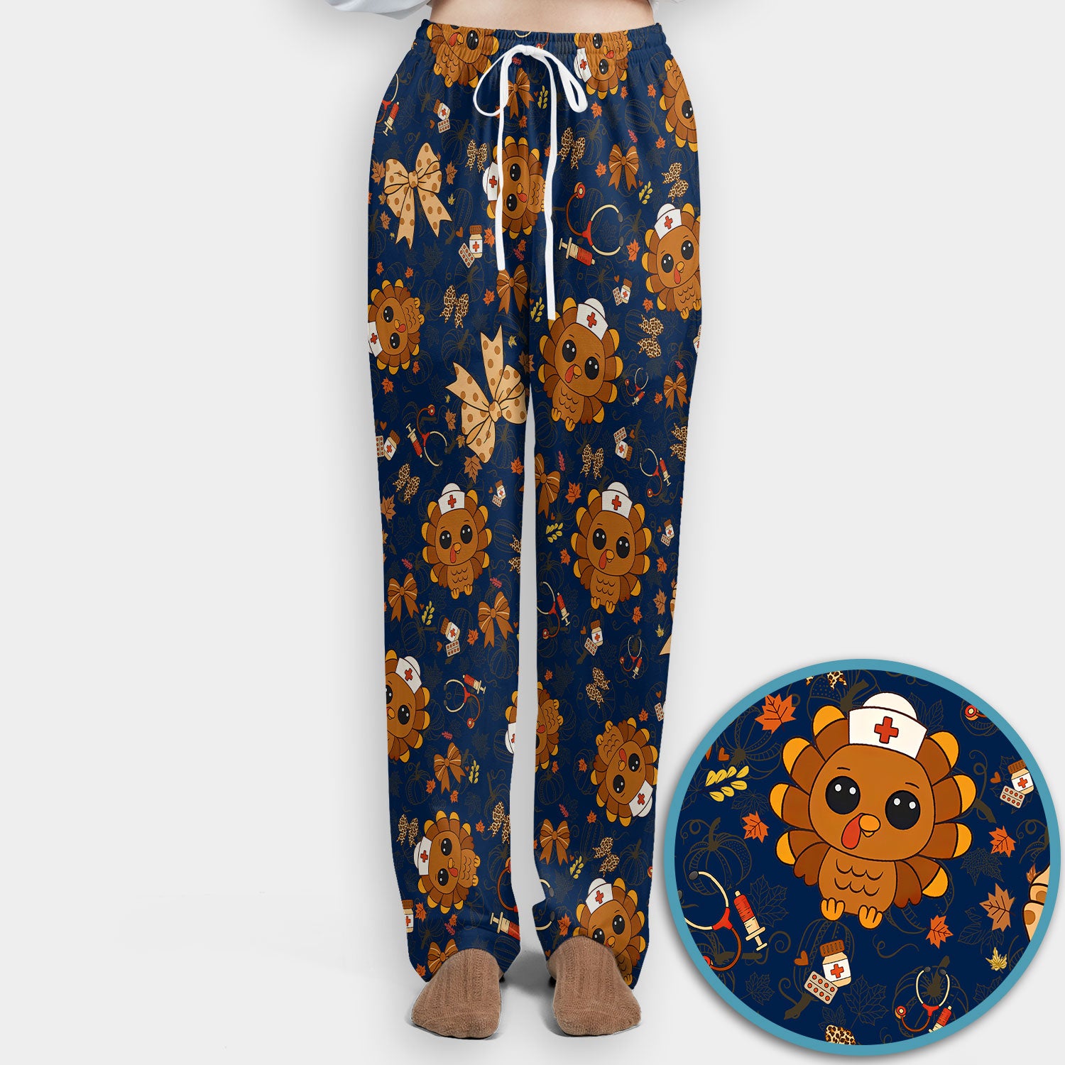 Thanksgiving Turkey Nurse Scrub Set for Women - Cute Fall Leaves and Bow Scrub Pants and V Neck Top - Autumn Medical Uniform