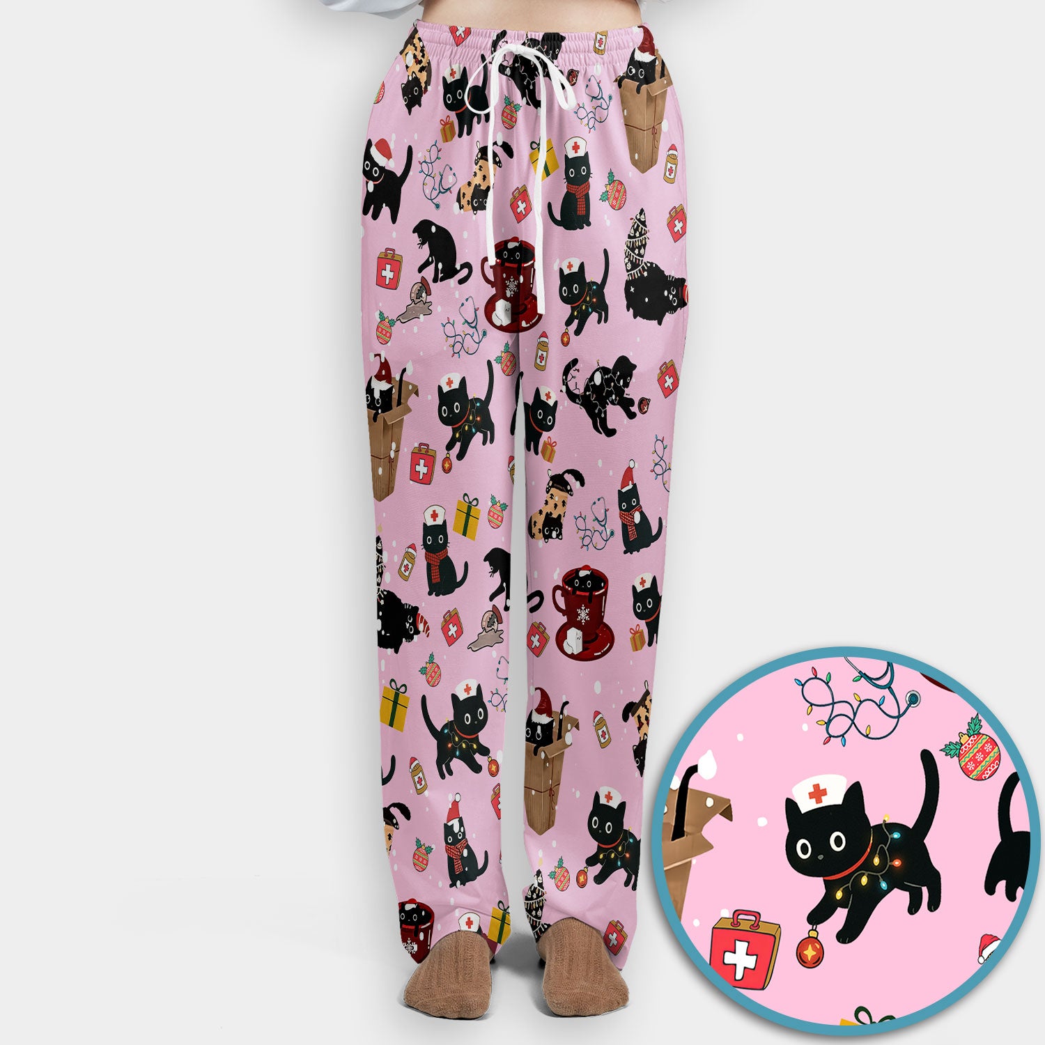 Funny Cat Scrub Sets for Women - Christmas Black Cats Pants and V Neck Top - Breathable Fabrics Nursing Uniform