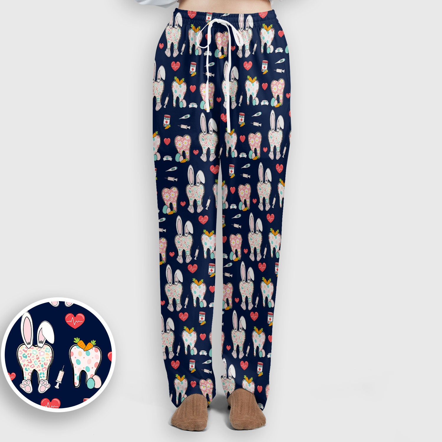 Playful Bunny Dentist Illustration Medical Set, Scrub Pants and V Neck Top