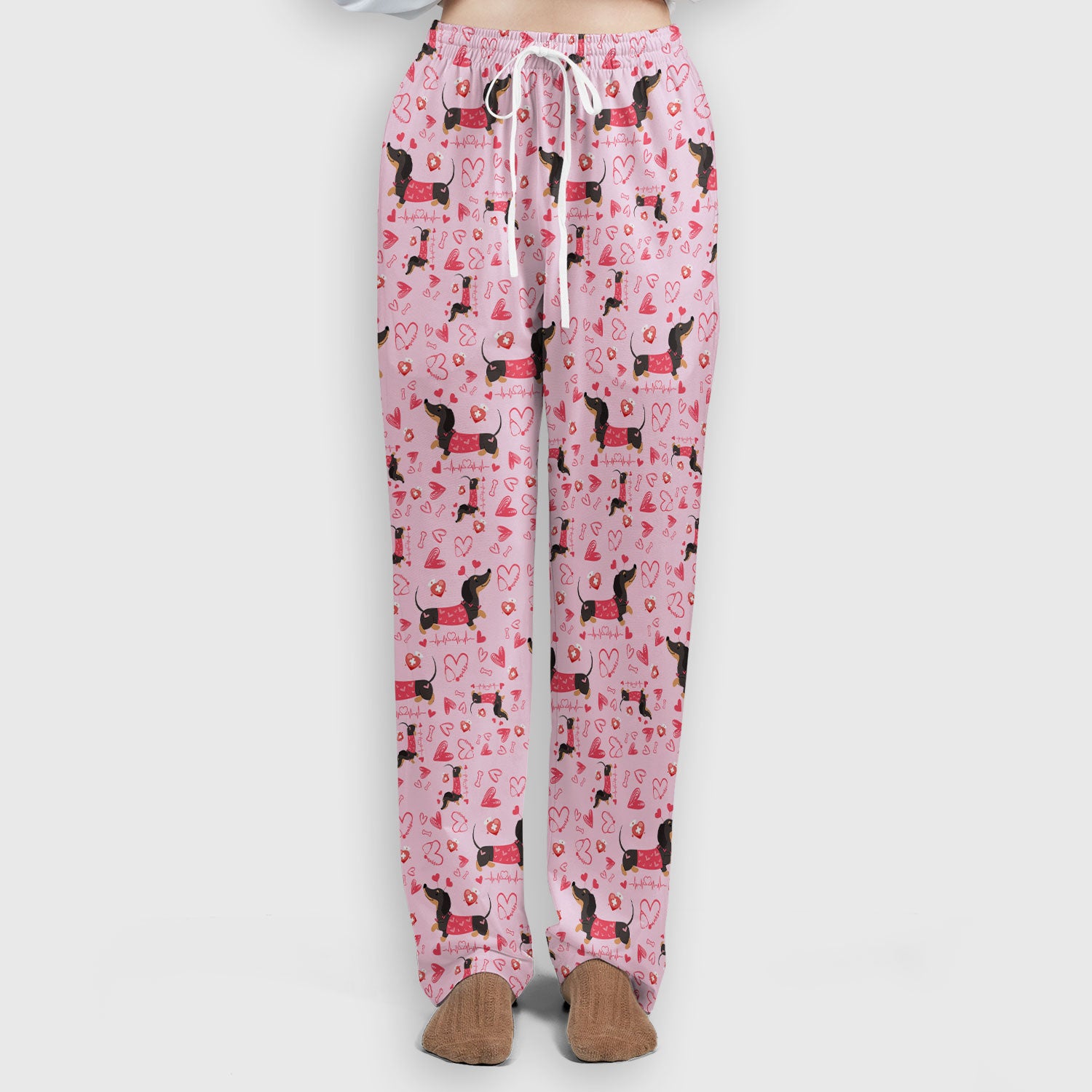 Dachshund Valentine Scrub Set, Cute Wiener Dog Heart Pattern Nurse Shirt, Breathable Fabrics Nursing Uniform