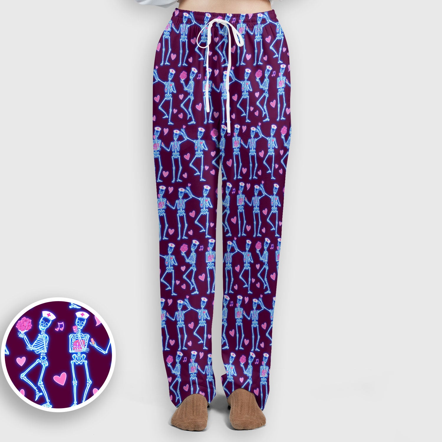 Skeleton Nurse Heart Pattern Scrub Sets, Playful Nurse Style, Scrub Pants and V Neck Top