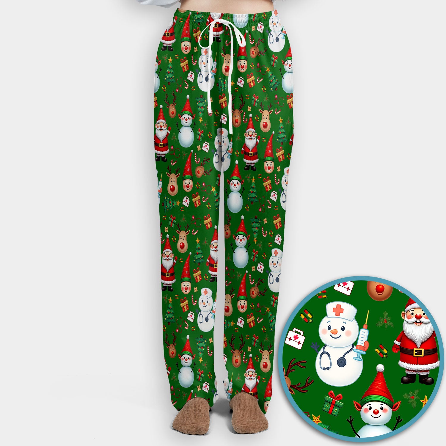 Christmas Nurse Scrub Set - Cute Snowman Santa Reindeer Pattern Medical Uniform - Festive Holiday Scrubs Pants and V Neck Top