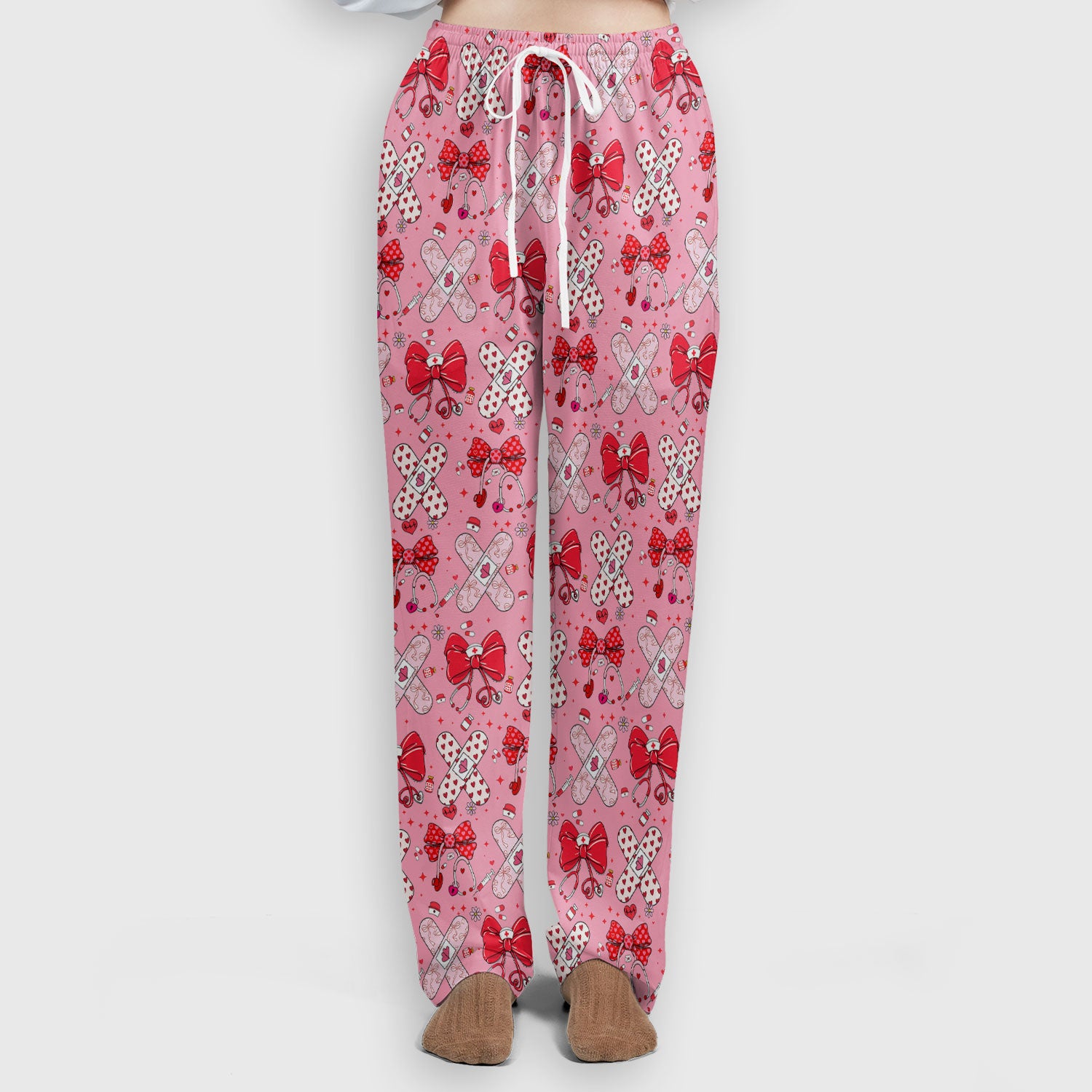 Valentine Nurse Scrub Set, Red Bow And Heart Bandage Pattern Medical Shirt, Breathable Fabrics Nursing Uniform