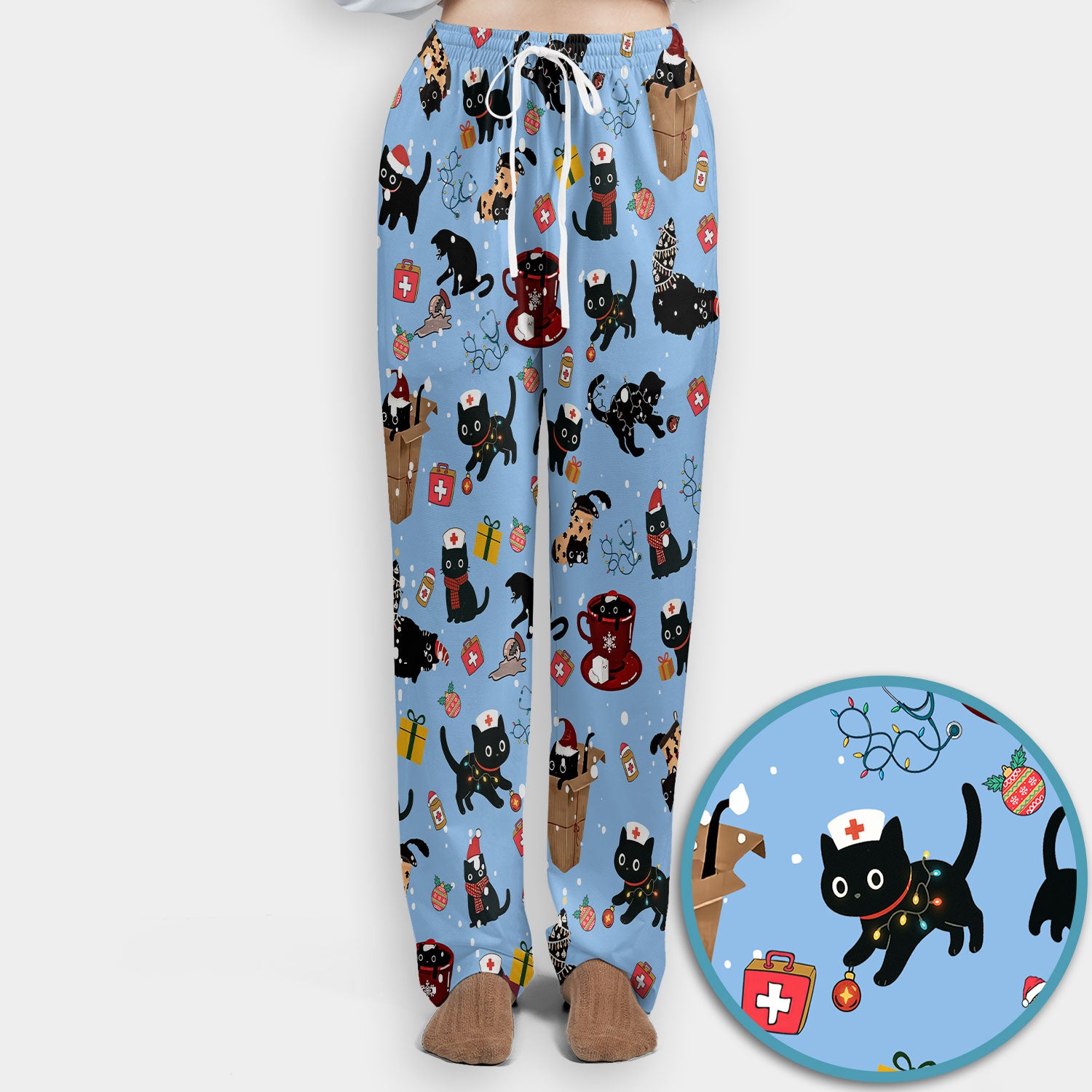 Funny Cat Scrub Sets for Women - Christmas Black Cats Pants and V Neck Top - Breathable Fabrics Nursing Uniform