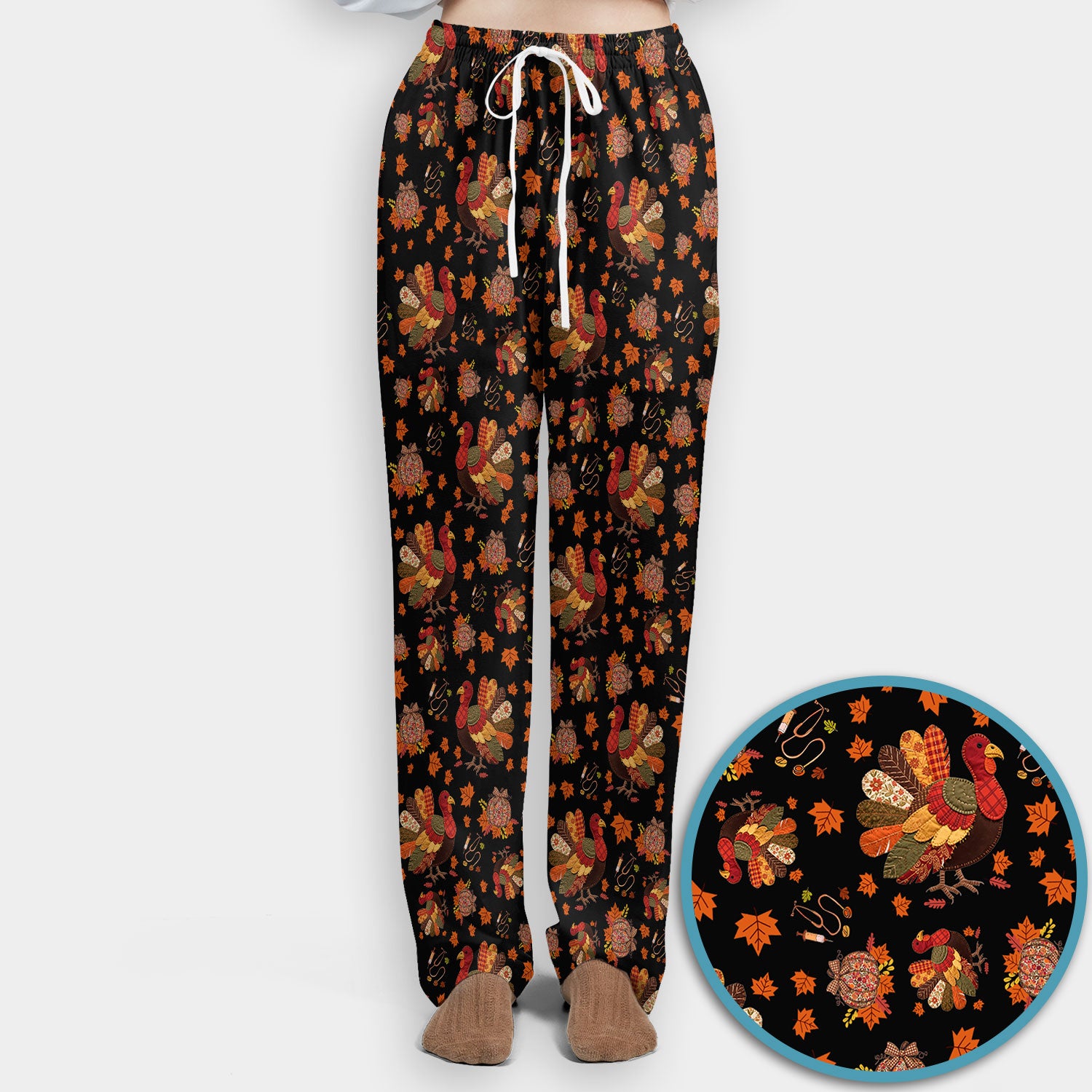Thanksgiving Turkey Nurse Scrub Sets for Women - Fall Leaves Scrub Pants and V Neck Top - Autumn Nursing Uniform