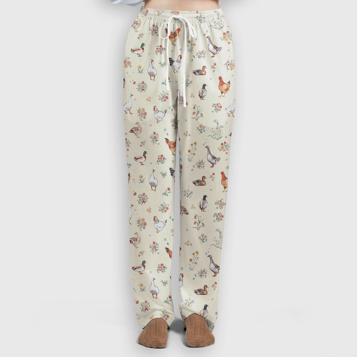 Farm Chicken Duck Floral Pattern Scrubs Sets, Scrub Pants and V Neck Top