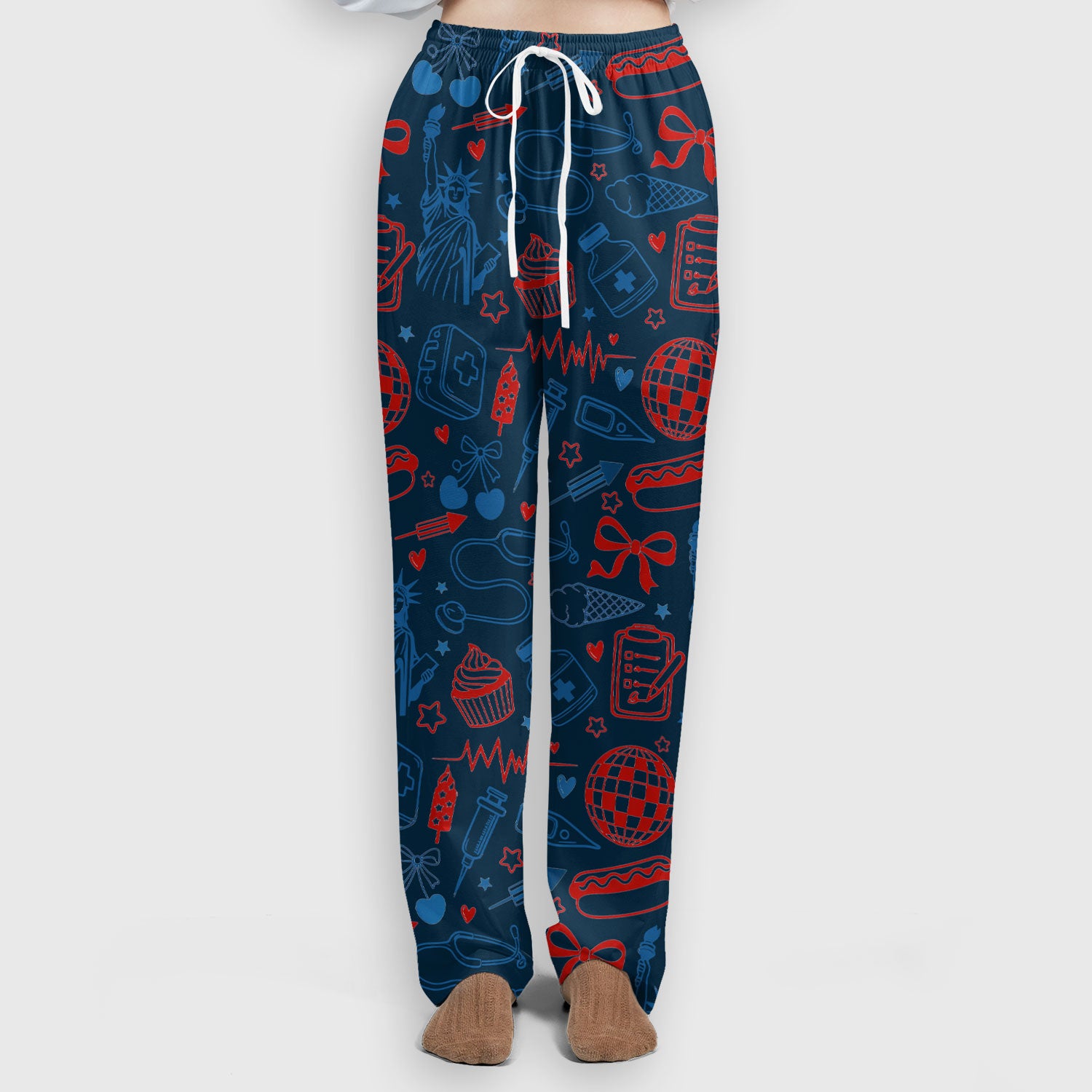 Patriotic Nurse Medical Icons Pattern Scrub Set, Scrub Pants and V Neck Top