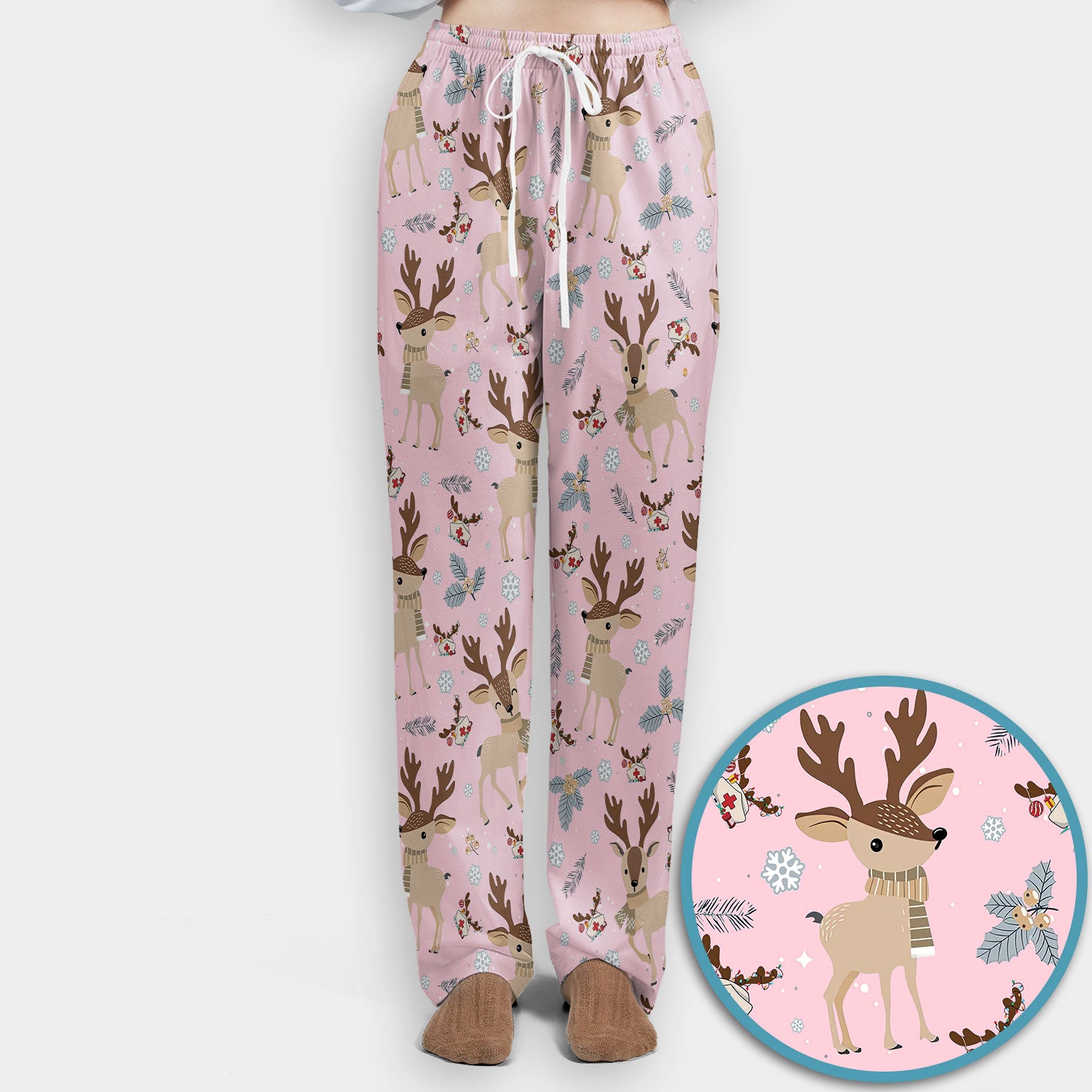 Reindeer Christmas Scrub Set - Cozy Beige Holiday Nurse Shirt with Cute Deer Pattern - Festive Medical Scrubs Pants and V Neck Top