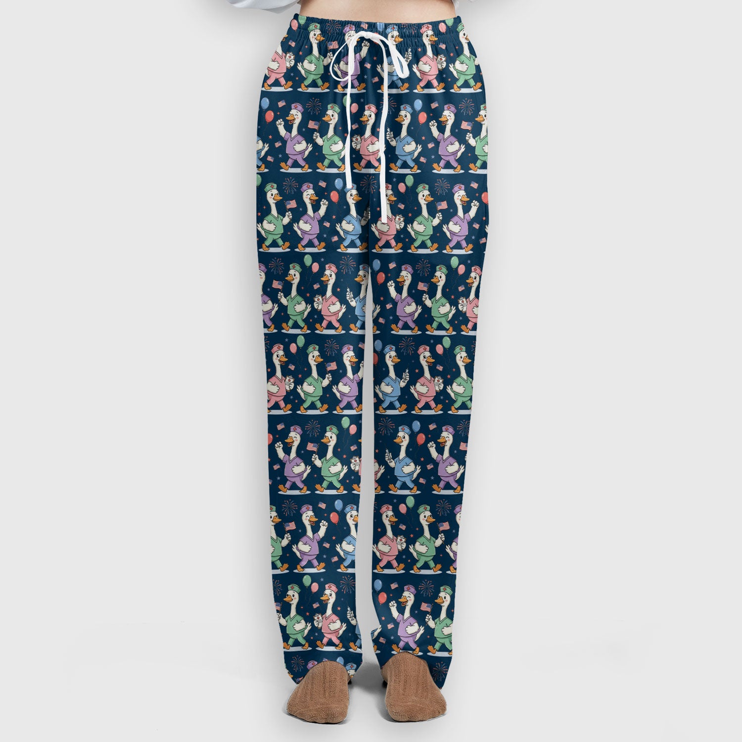 Cute Nurse Ducks Balloons Pattern Scrubs Sets, Scrub Pants and V Neck Top