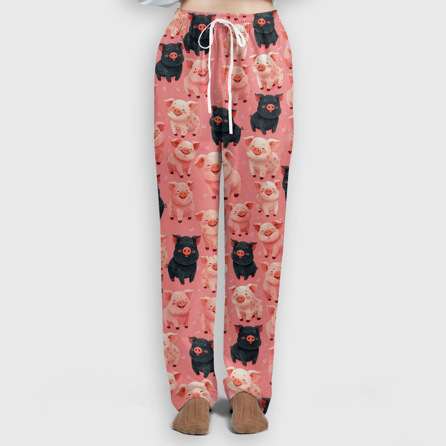 Cartoon Pig Print Scrub Set, Scrub Pants and V Neck Top, Breathable Med Uniform