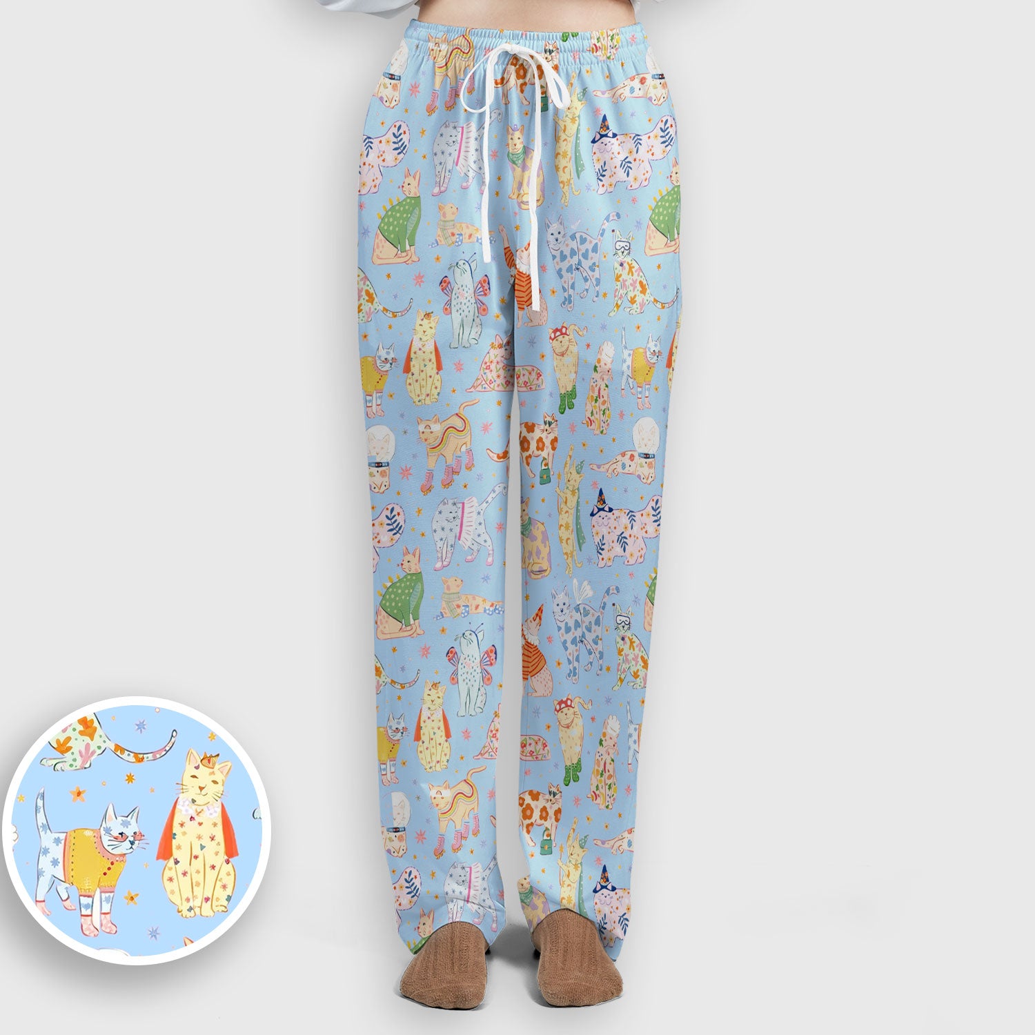 Colorful Pastel Cartoon Cats Print Scrub Set, Breathable Med Uniform