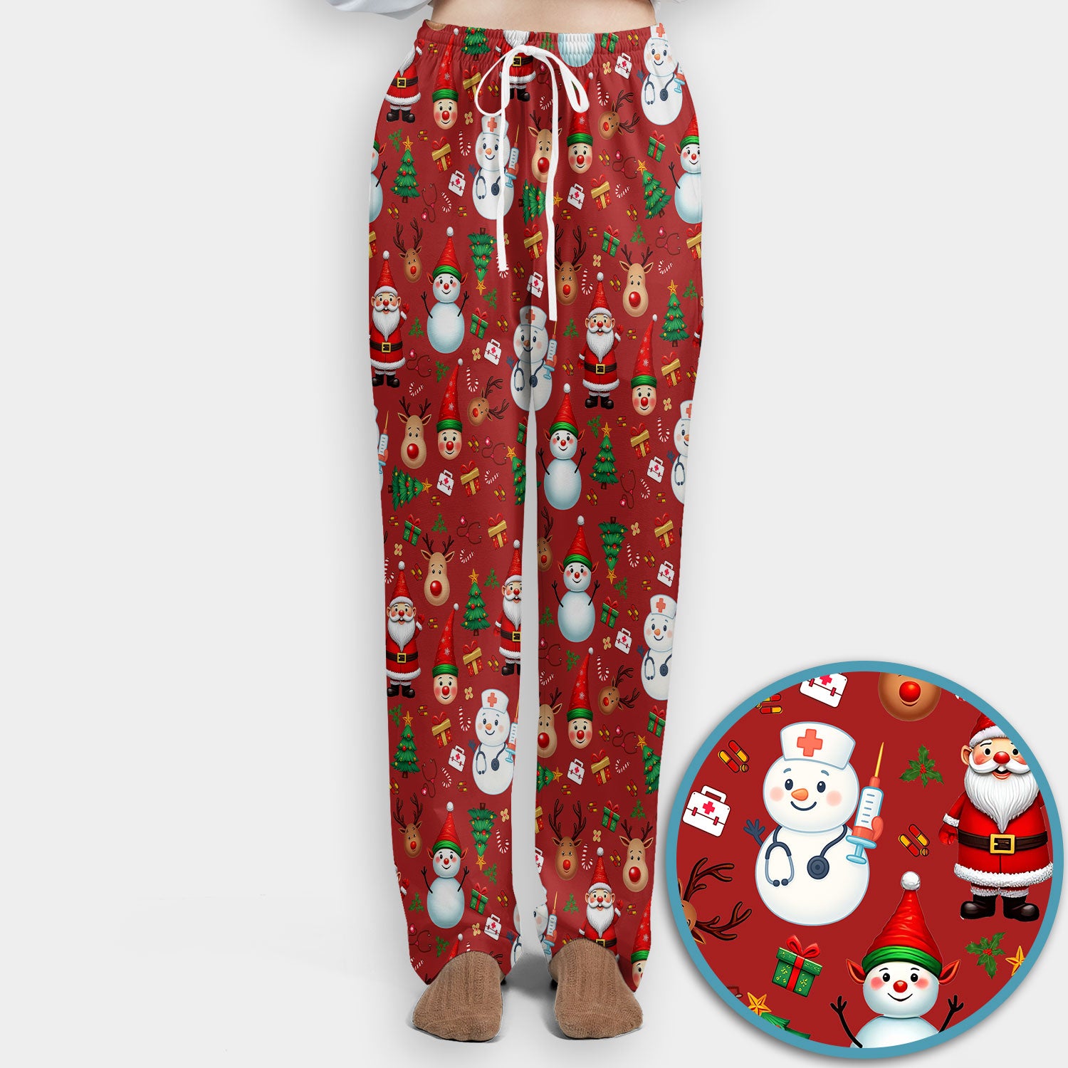 Christmas Nurse Scrub Set - Cute Snowman Santa Reindeer Pattern Medical Uniform - Festive Holiday Scrubs Pants and V Neck Top