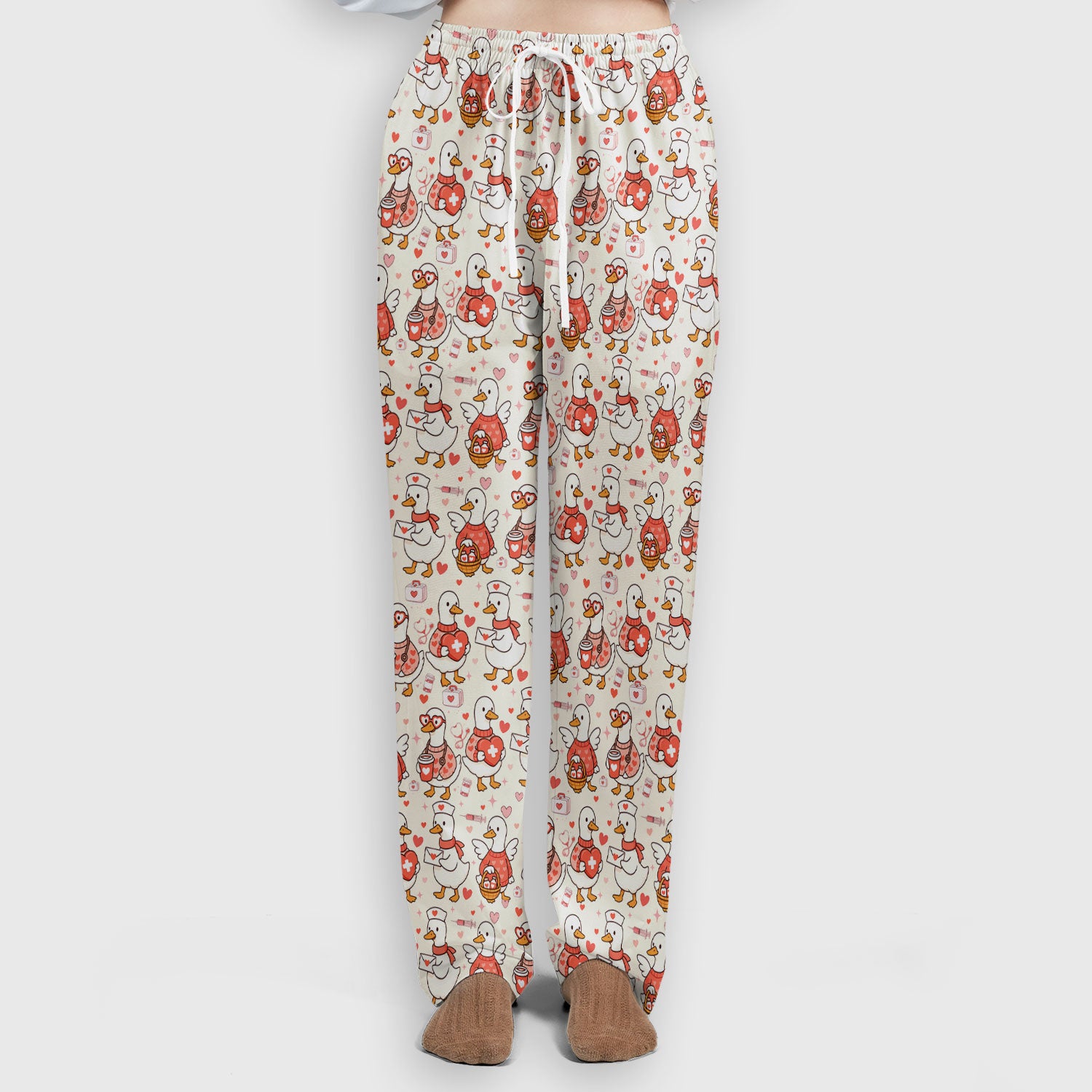Valentine Goose Nurse Scrub Set, Heart Medical Pattern Nurse Shirt, Breathable Fabrics Nursing Uniform
