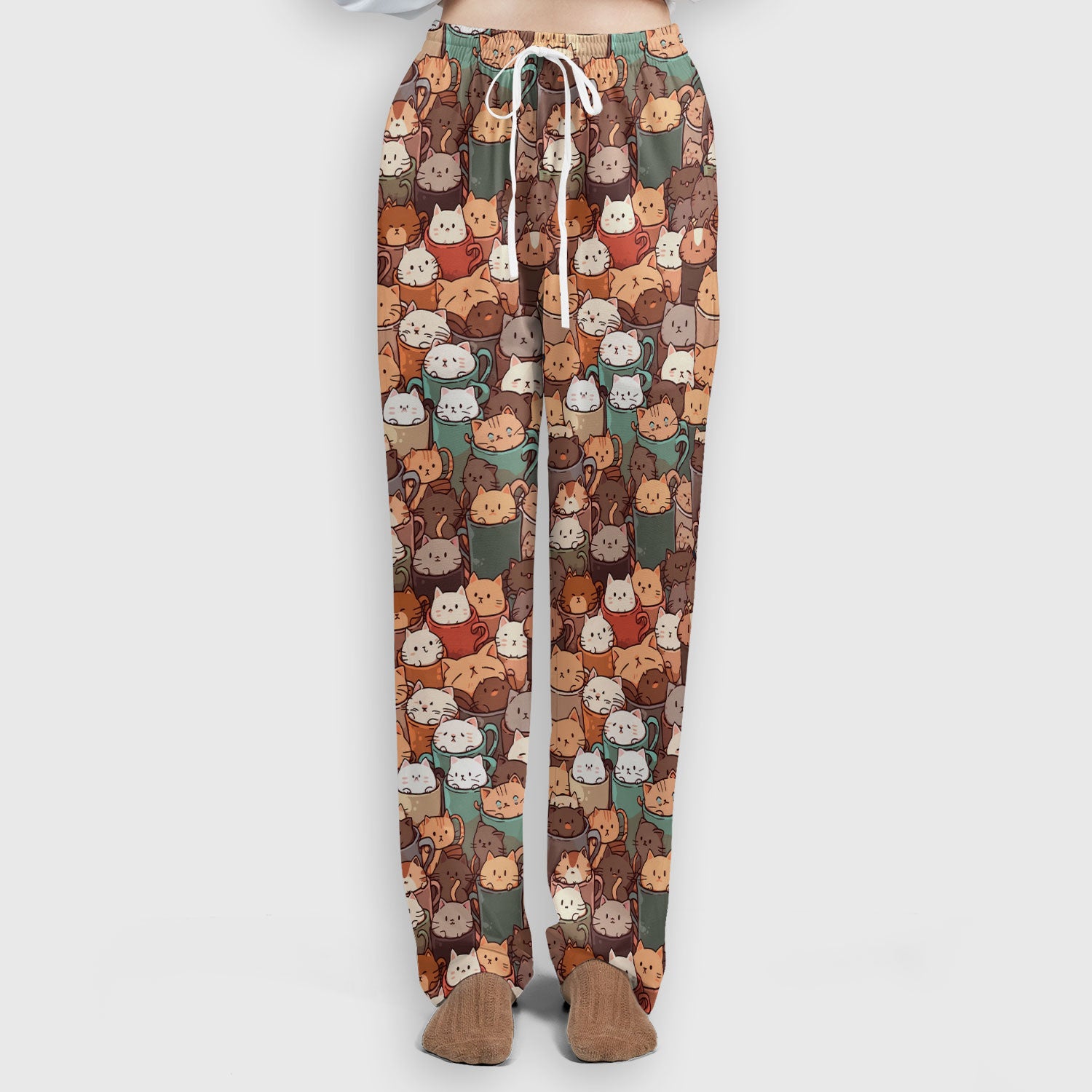 Cute Coffee Cat Scrub Set, Cozy Kittens in Mug Pattern Nurse Shirt, Breathable Fabrics Nursing Uniform