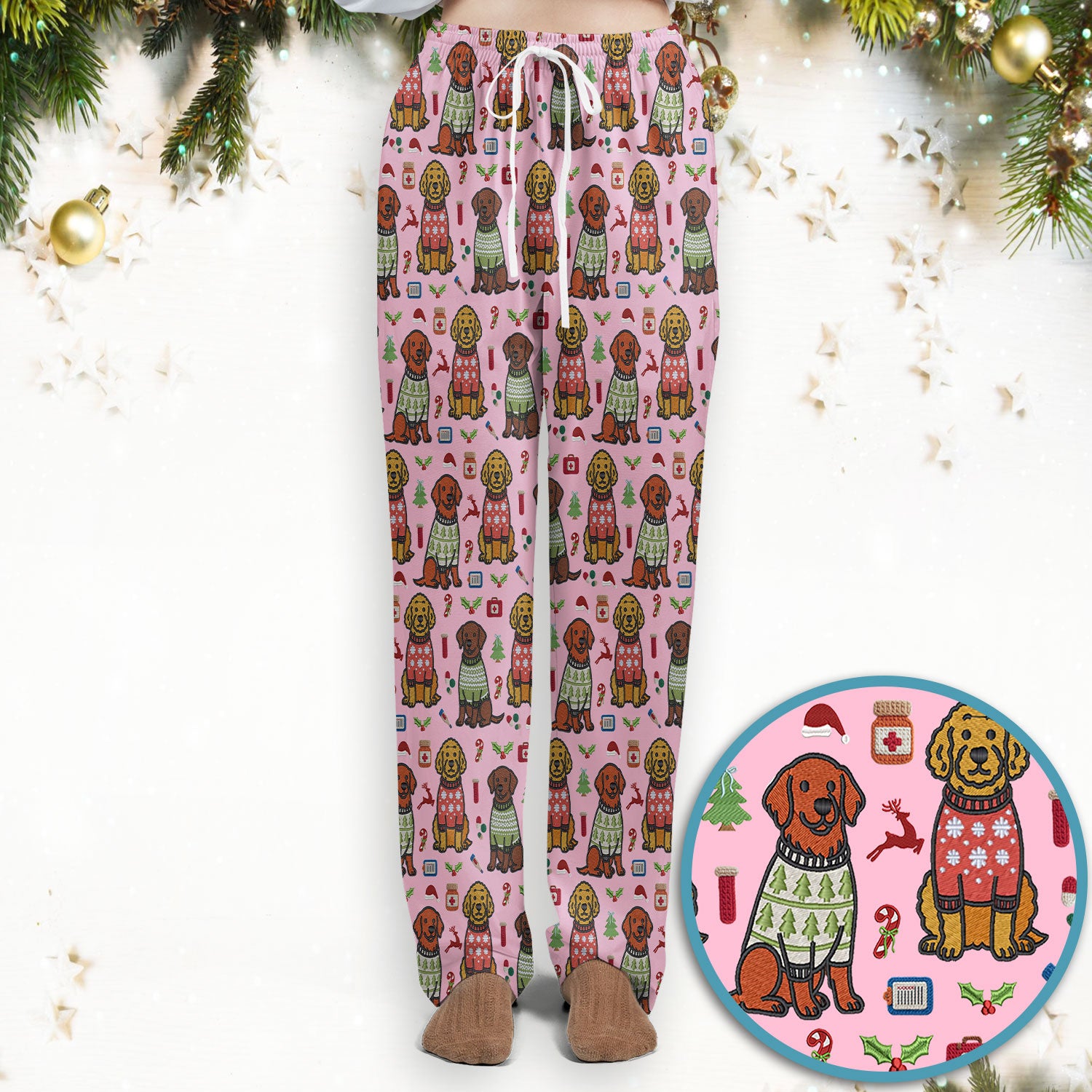 Golden Retriever Christmas Scrub Set, Cute Holiday Dog Nurse Pattern Shirt, Breathable Fabrics Nursing Uniform