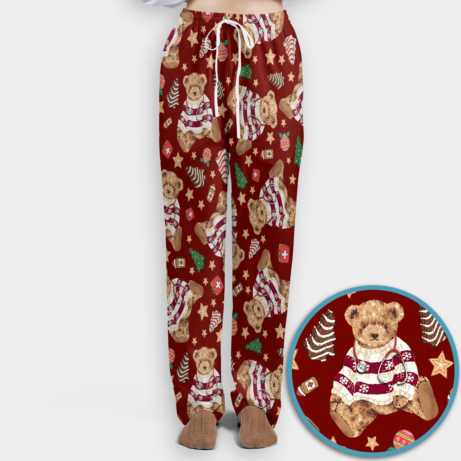 Teddy Bear Christmas Scrub Set - Festive Scrubs Pants and V Neck Top for Women - Gift for Nurses RN CNA LPN