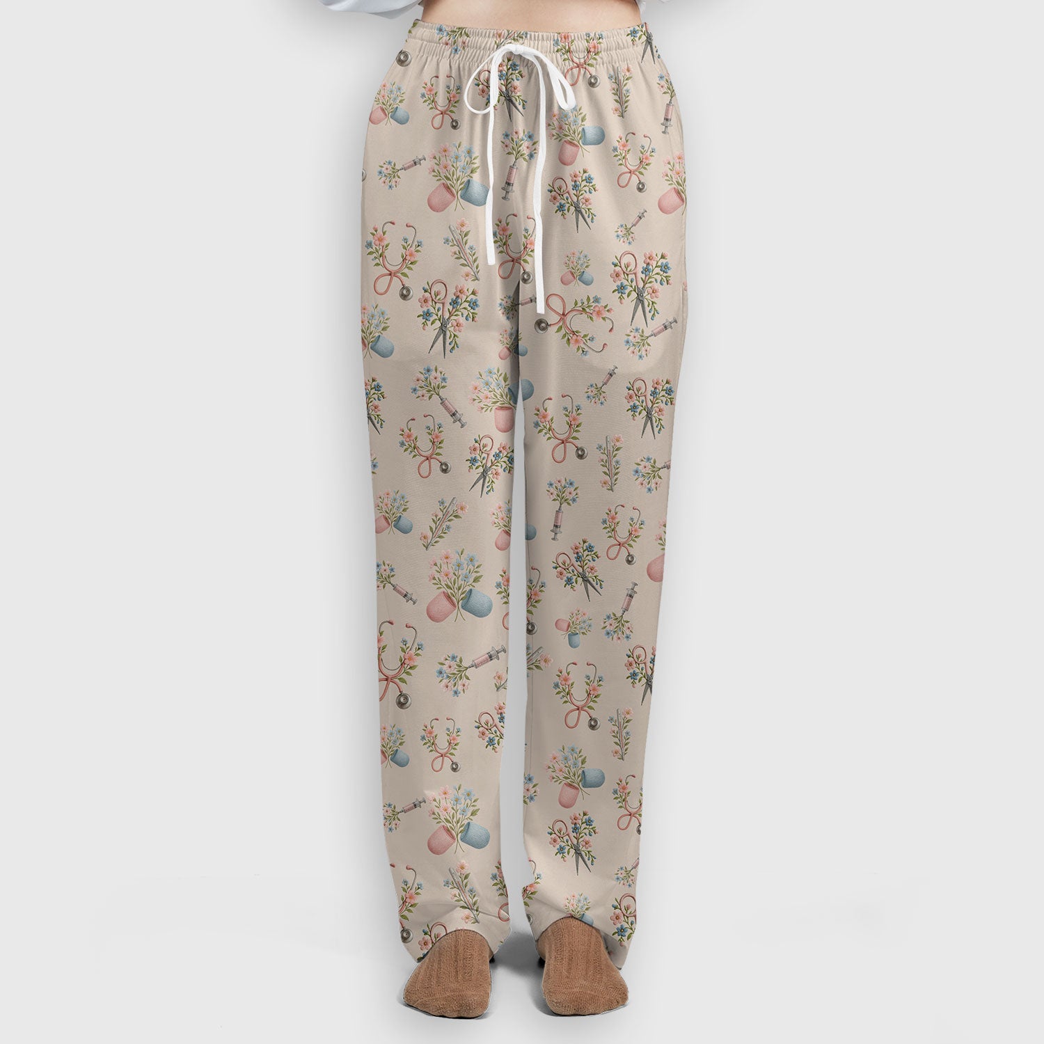 Floral Medical Scrub Set, Elegant Stethoscope With Flower Nursing Shirt, Breathable Fabrics Nurse Uniform