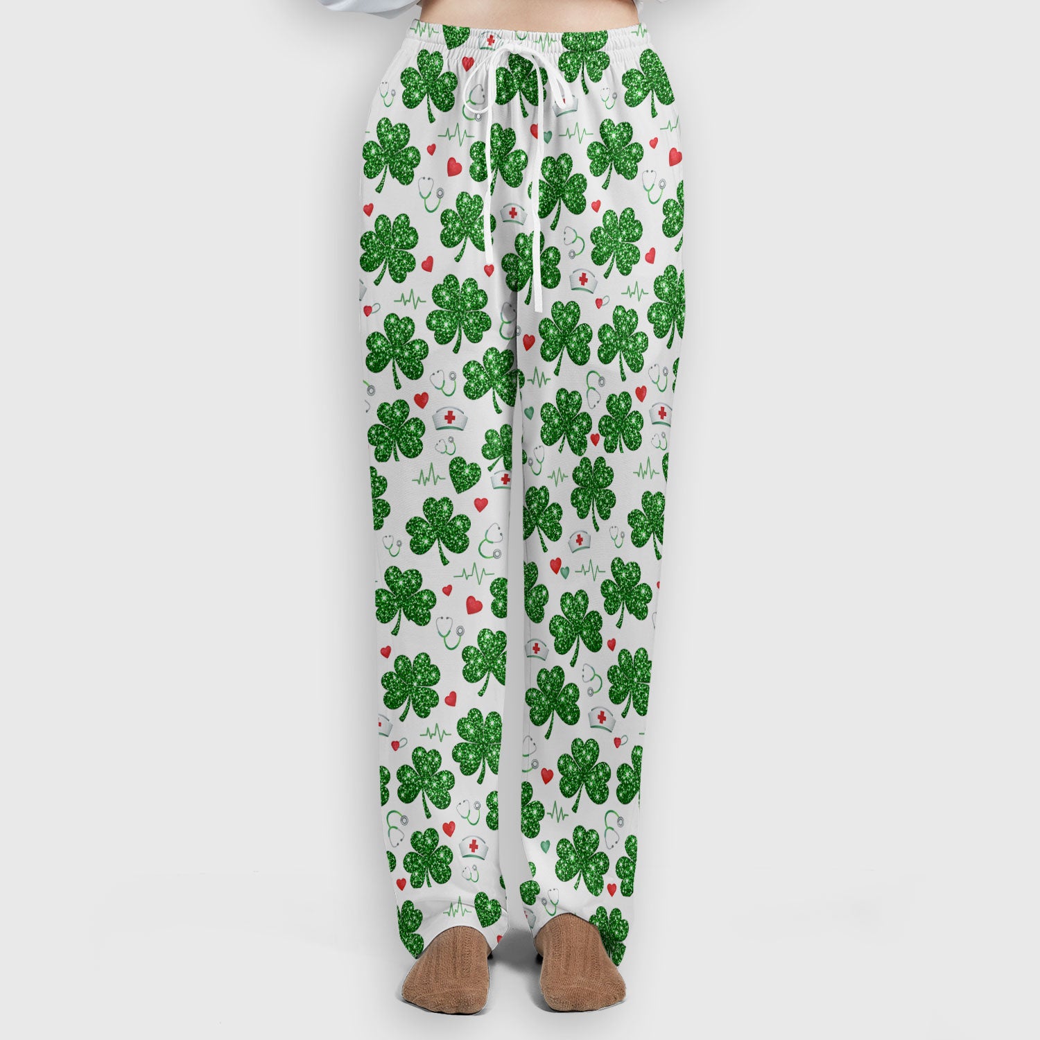 St. Patrick’s Day Nurse Scrub Set, Green Clover Medical Pattern Shirt, Breathable Fabrics Nursing Uniform