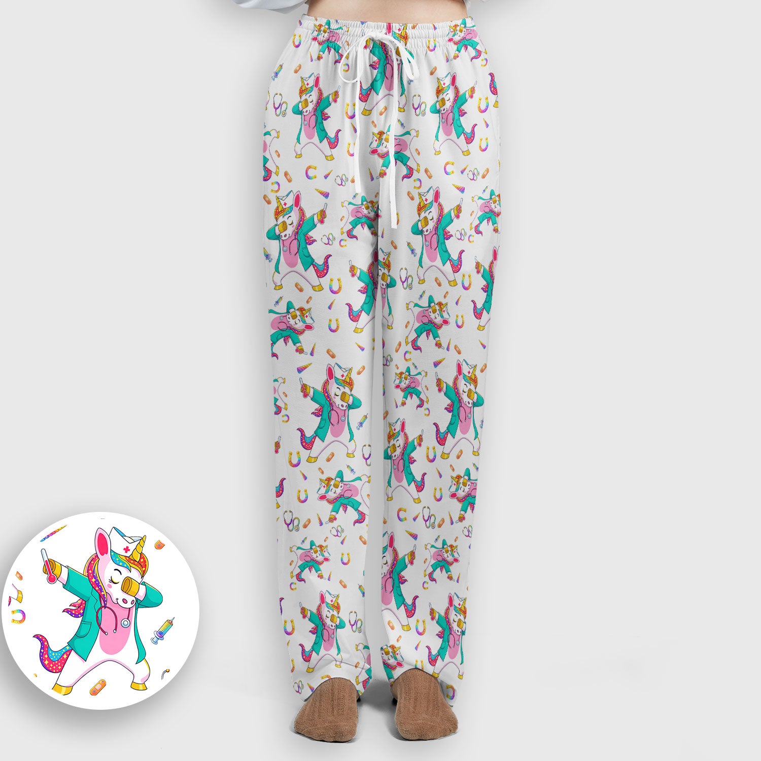 Cute Unicorn Nurse Dance Pattern Women's Sets, Scrub Pants and V Neck Top