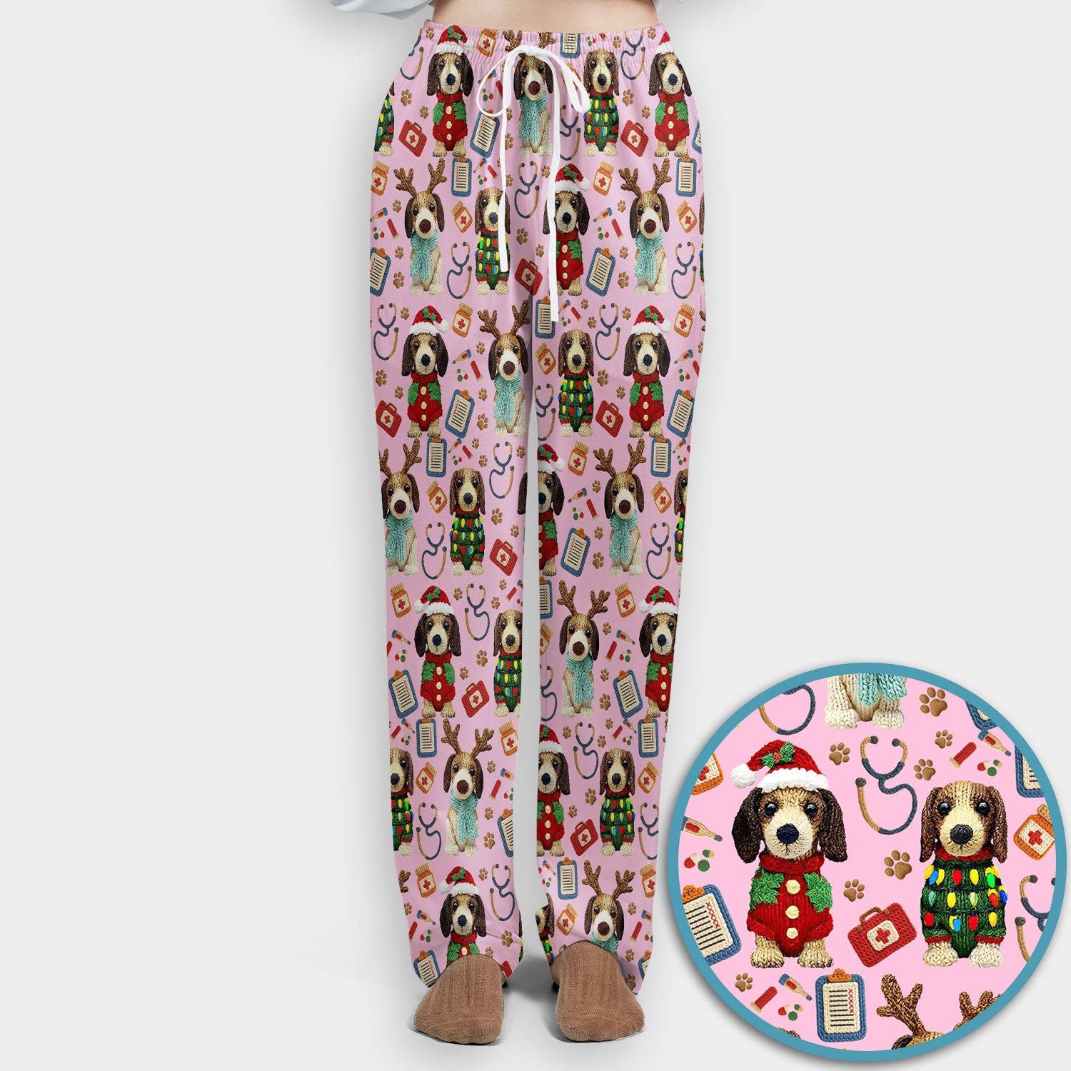 Christmas Wiener Dog Scrubs Set for Women - Cute Dachshund Christmas Scrub Pants and V Neck Top - Puppy Lover Medical Uniform Gift