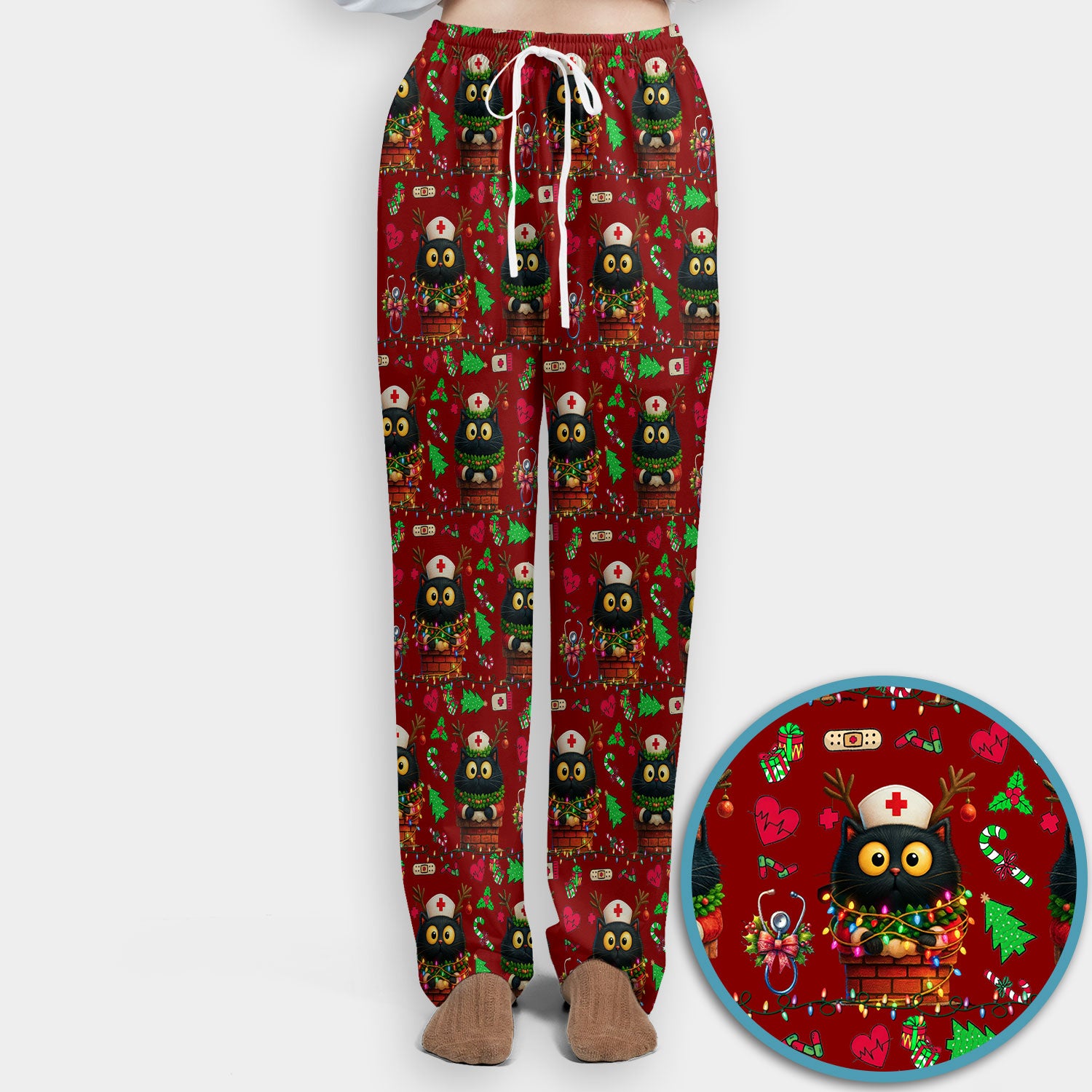Christmas Black Cat Scrub Set for Nurse - Cute Reindeer Cat with Xmas Lights Pants and V Neck Top - Festive Holiday Medical Uniform