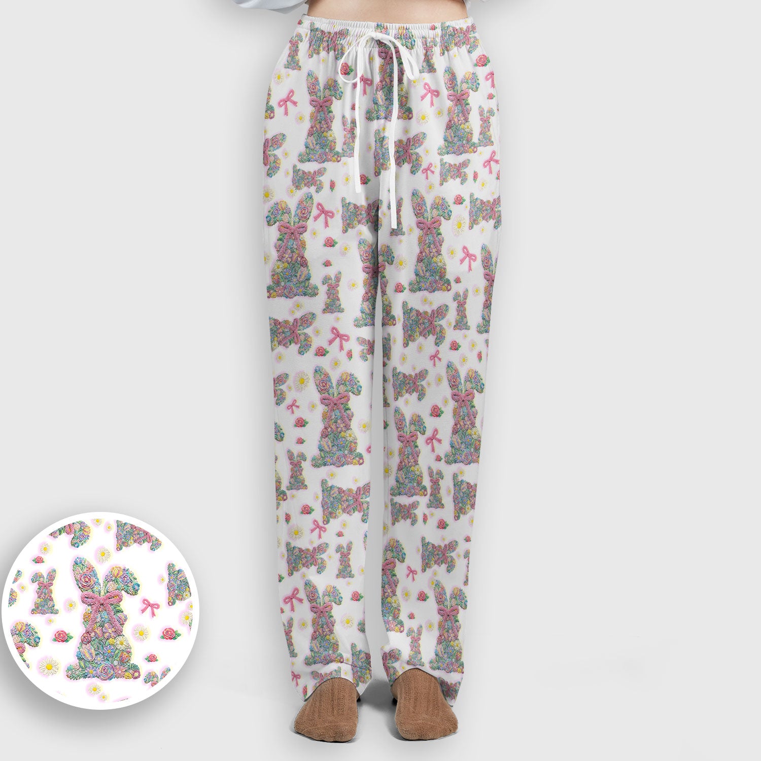 Colorful Floral Bunny with Pink Bow Pattern Scrub Set, Breathable Med Uniform