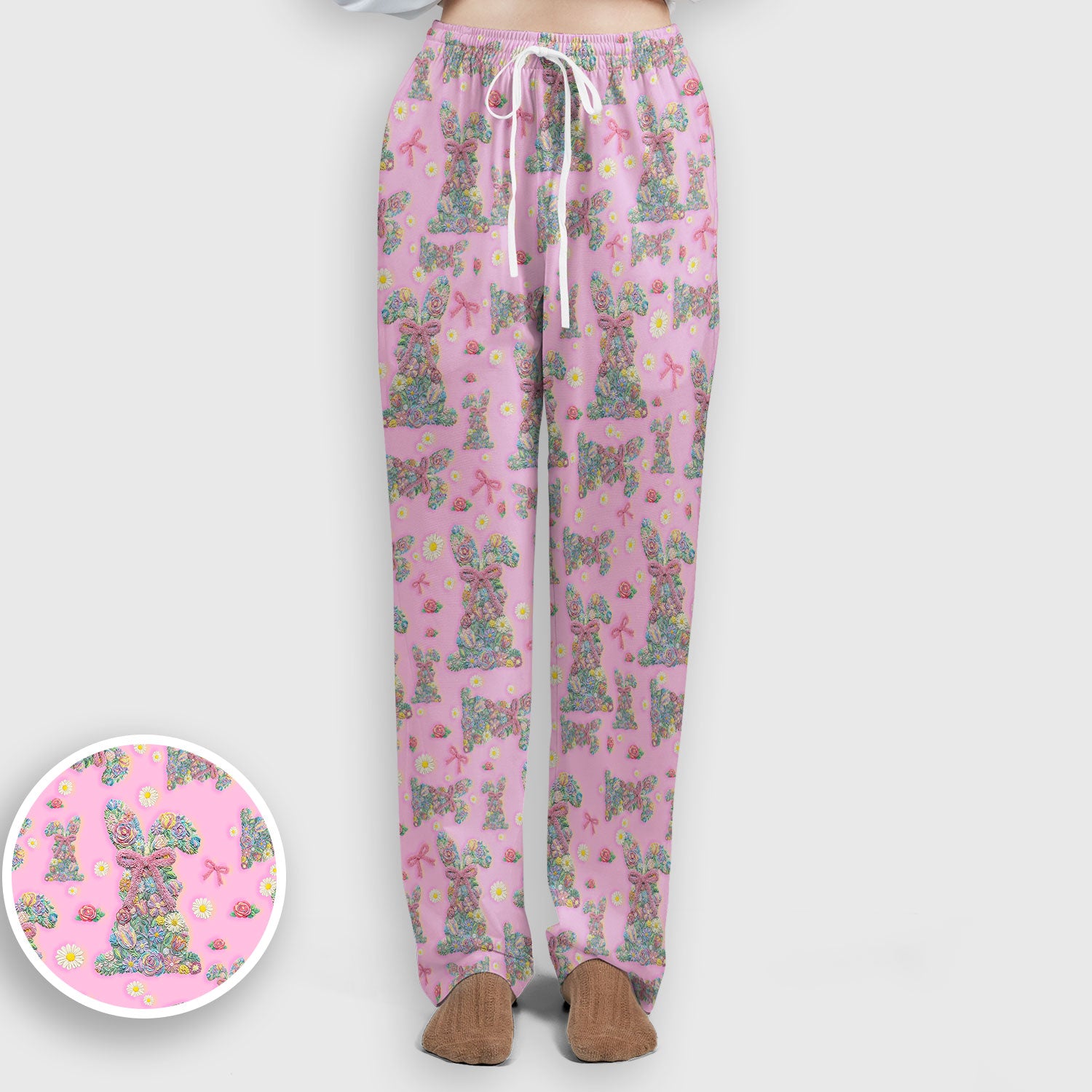 Colorful Floral Bunny with Pink Bow Pattern Scrub Set, Breathable Med Uniform