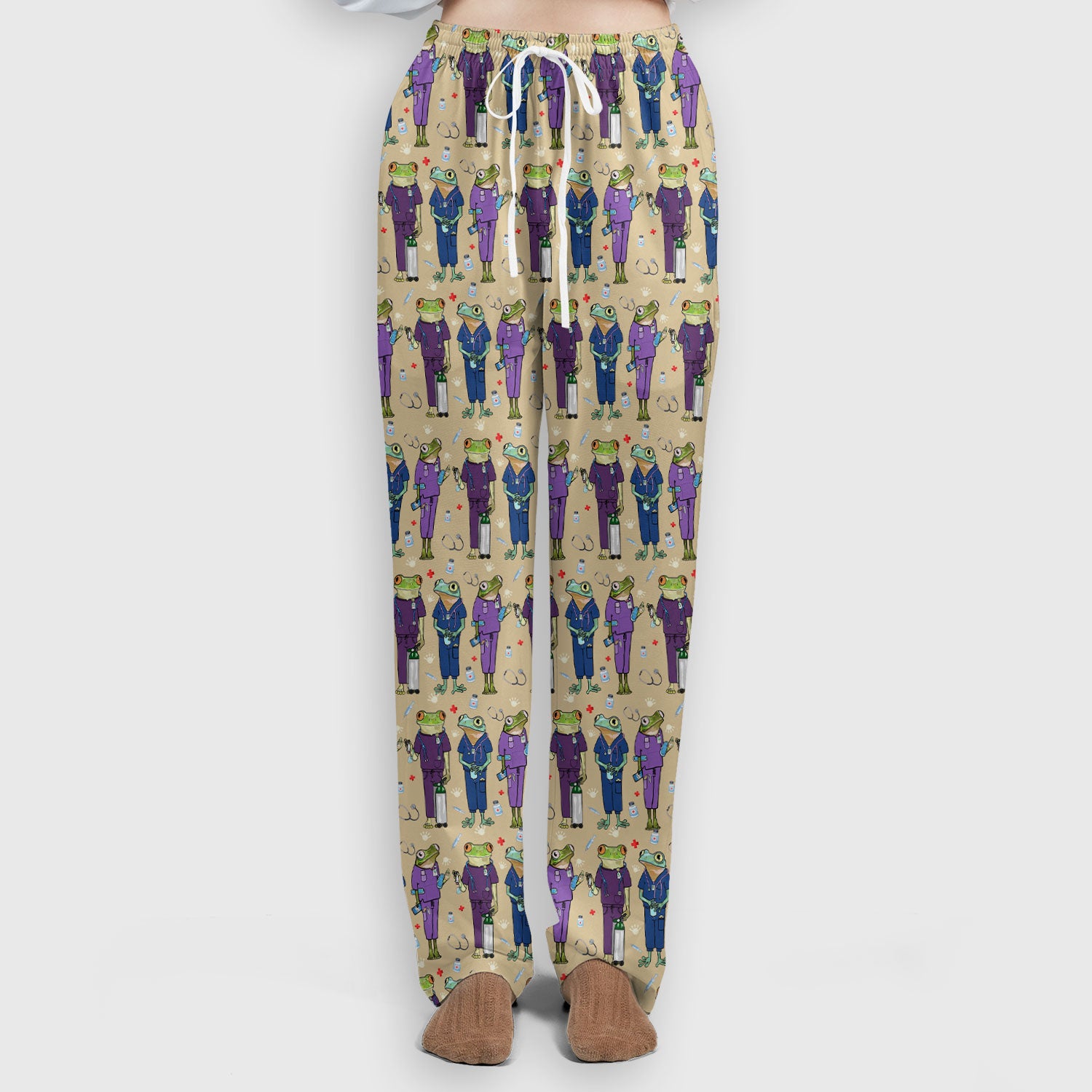 Funny Frog Nurse Pattern Scrub Set, Scrub Pants and V Neck Top