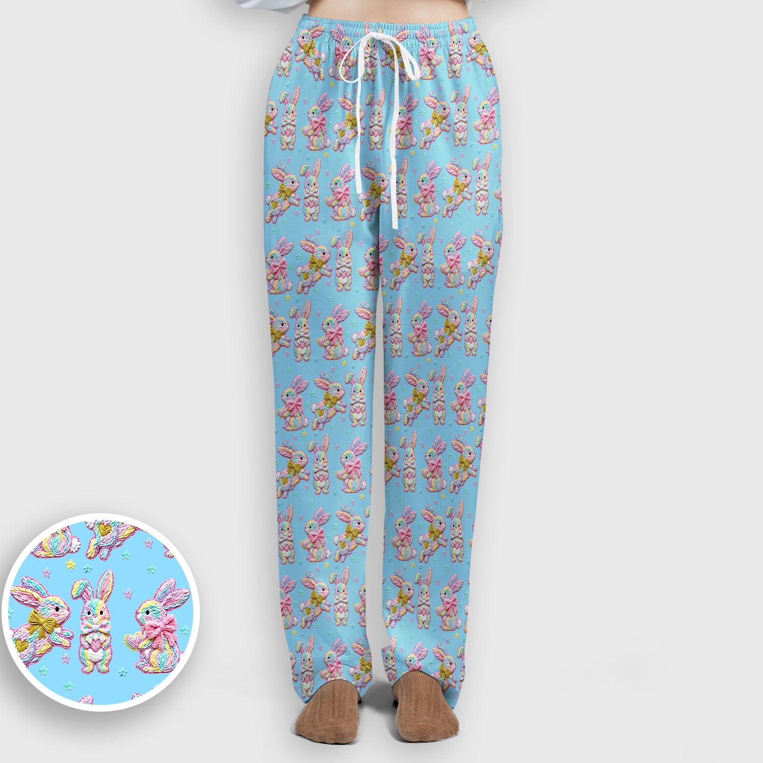 Cartoon Bunny All Over Print Set, Scrub Pants and V Neck Top