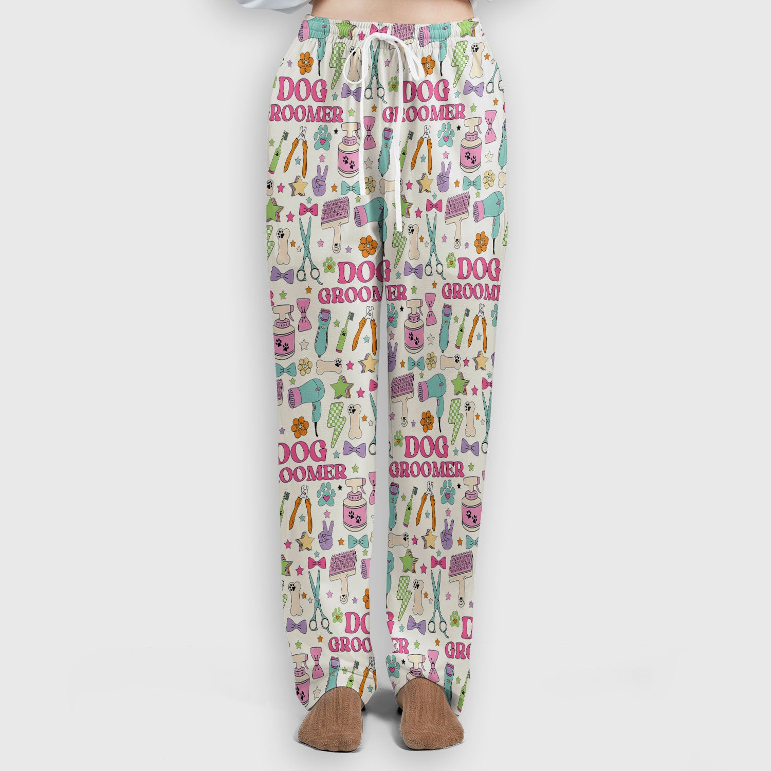 Dog Groomer Tools Pattern Women's Scrub Set, Scrub Pants and V Neck Top