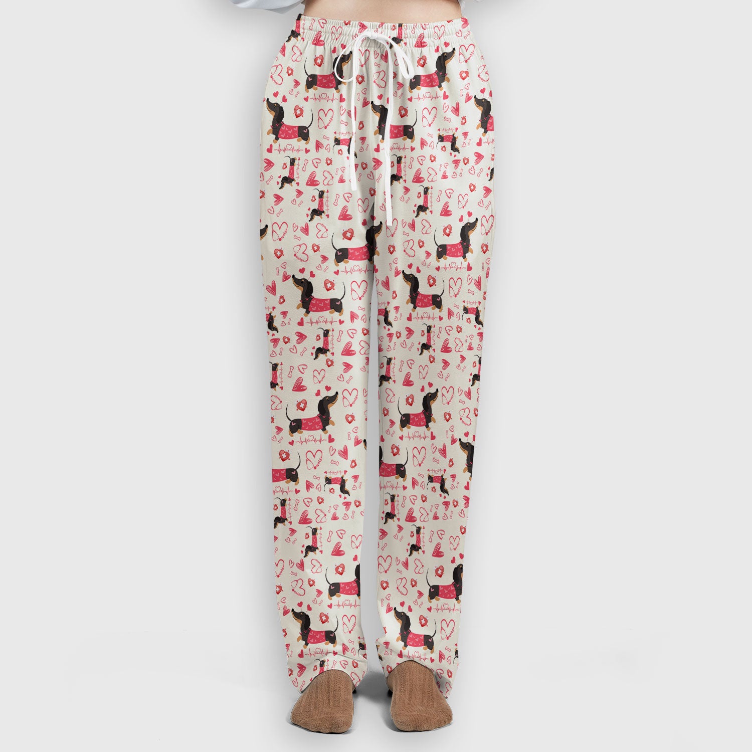 Dachshund Valentine Scrub Set, Cute Wiener Dog Heart Pattern Nurse Shirt, Breathable Fabrics Nursing Uniform