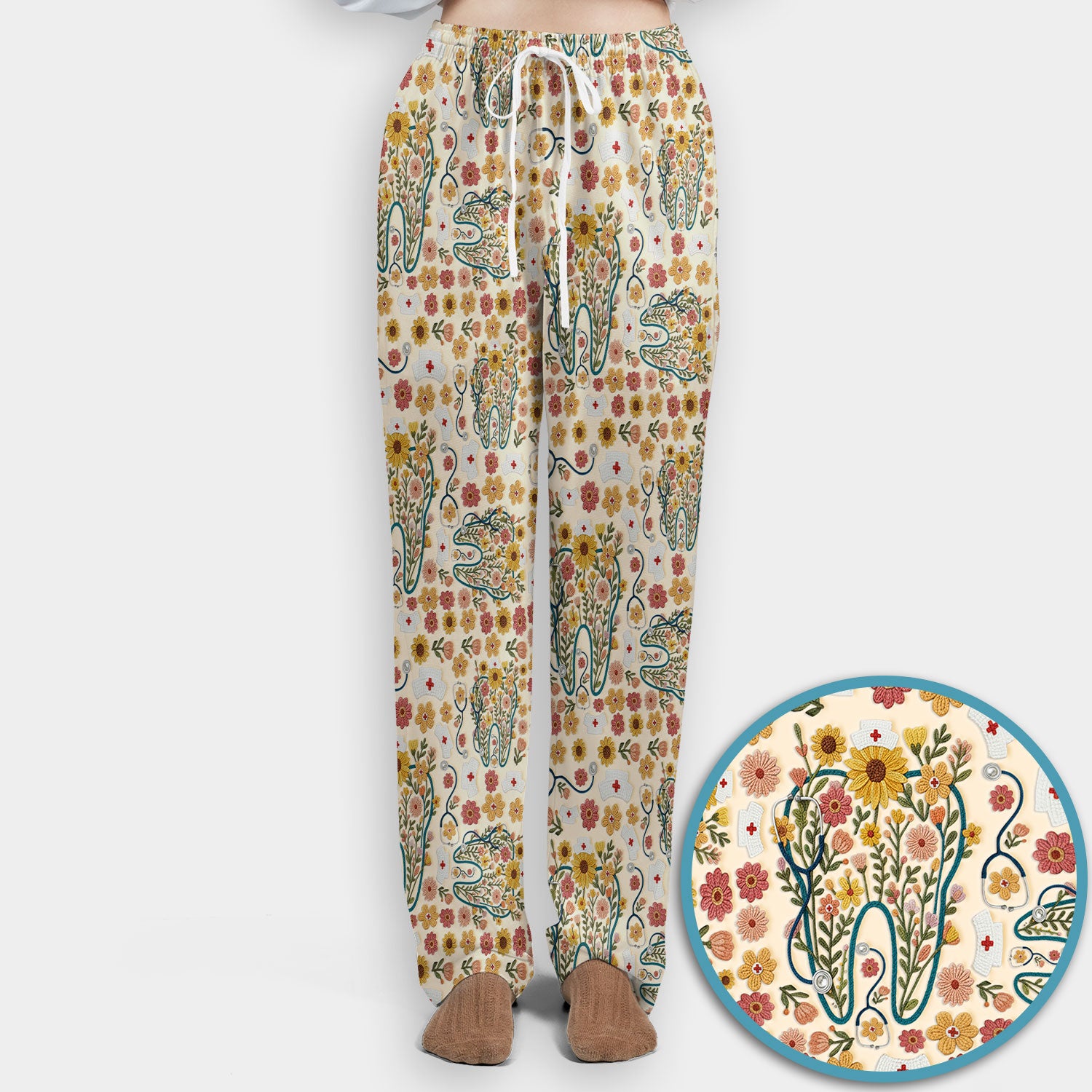 Boho Floral Tooth Scrub Set - Aesthetic Dental Scrubs Pants and V Neck - Cute Flower Tooth Medical Uniform - Hygienist Christmas Gift