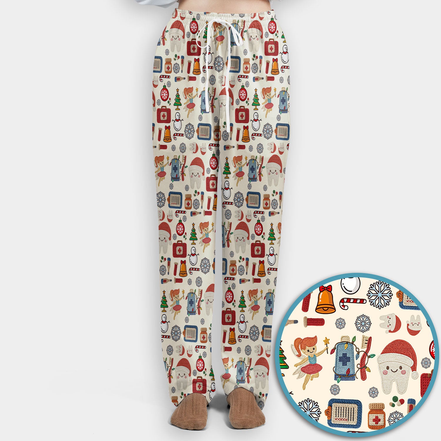 Christmas Dental Scrub Set - Cute Santa Tooth & Snowman Scrubs Pants and V Neck Top - Funny Holiday Gift for Dentists, Hygienists