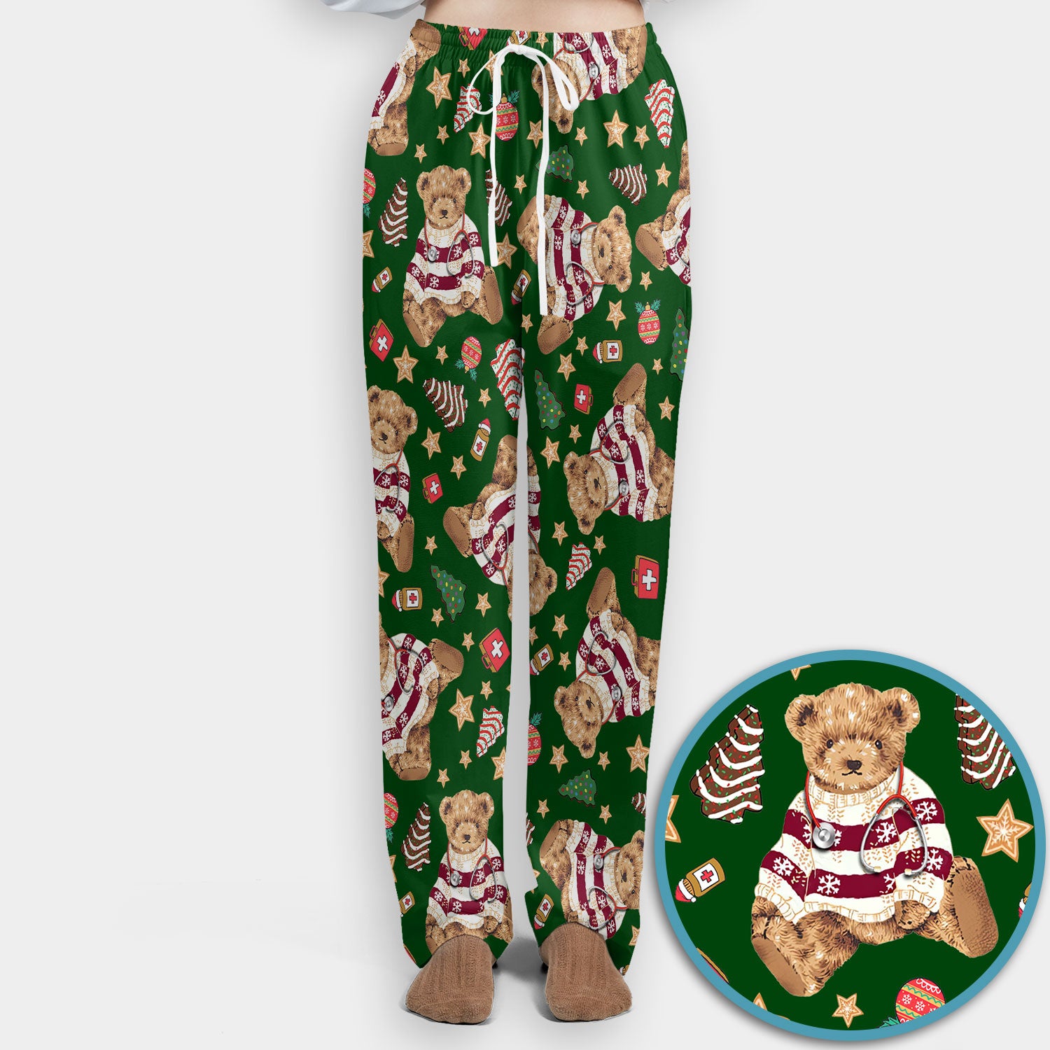 Teddy Bear Christmas Scrub Set - Festive Scrubs Pants and V Neck Top for Women - Gift for Nurses RN CNA LPN