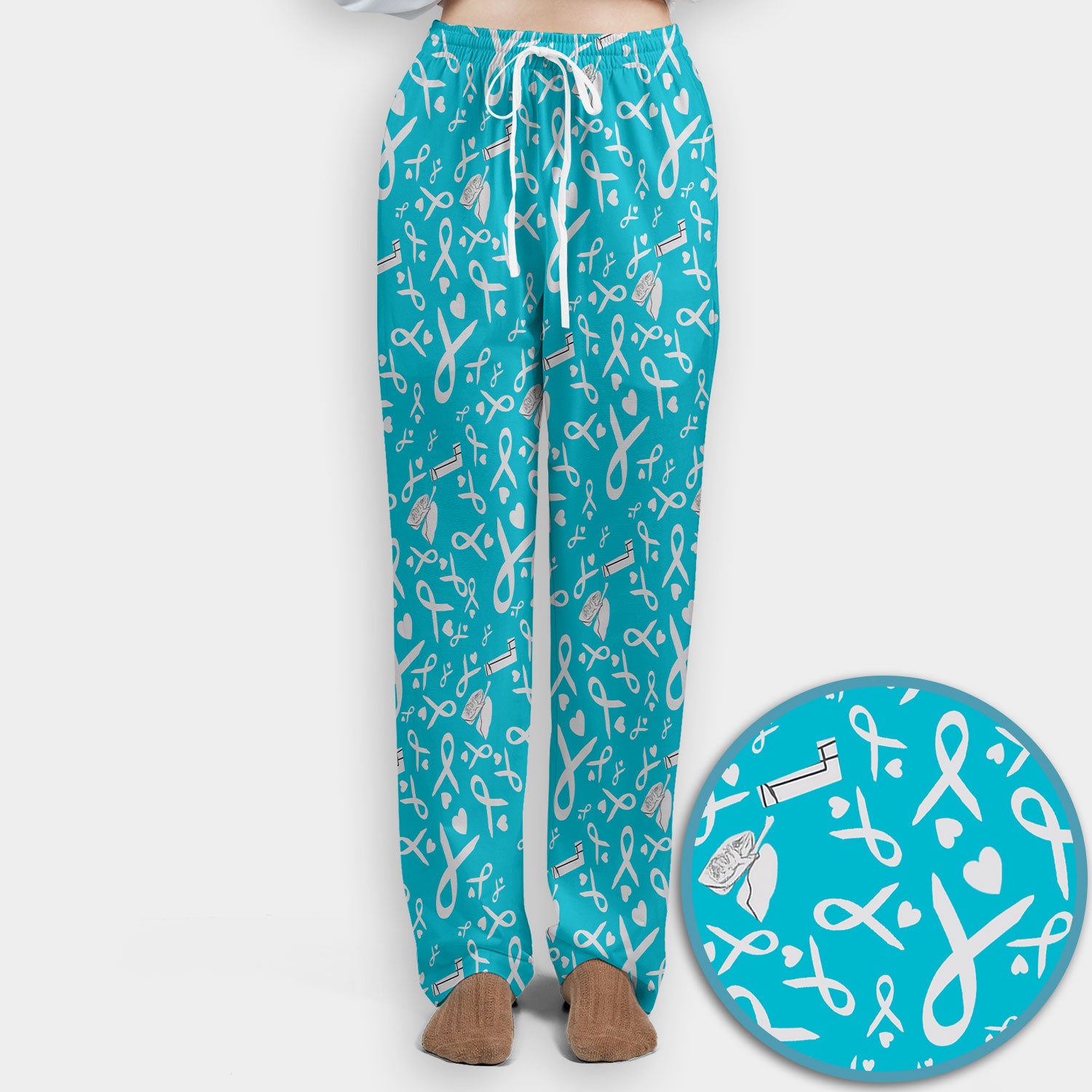 Lung Cancer Awareness Scrub Set for Women - Gray Ribbon Inhaler and Lungs Scrubs Pants and V Neck Top - COPD Asthma Med Uniform