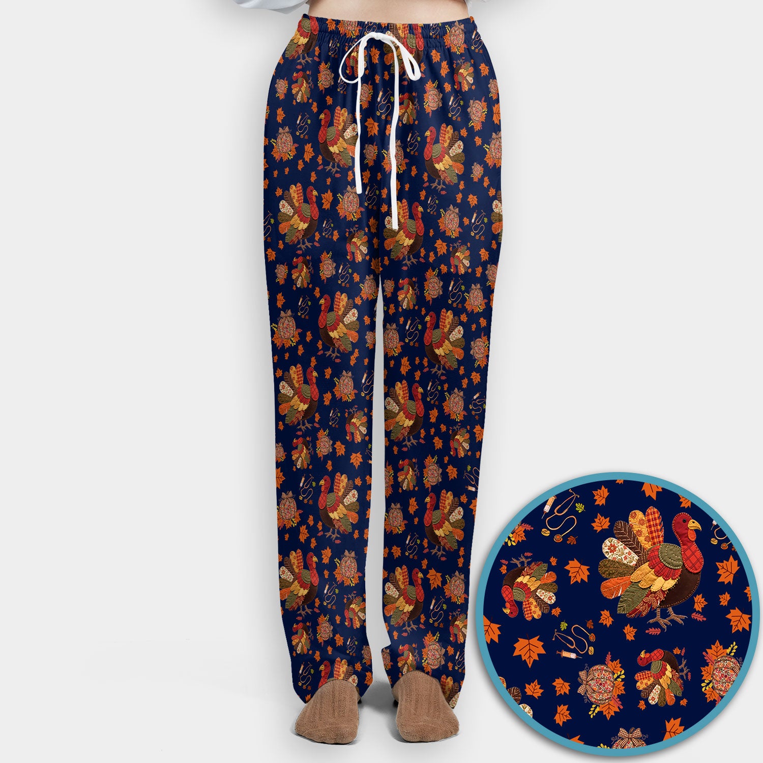 Fall Leaves Thanksgiving Women's Scrub Set - Comfortable Scrub Pants and V Neck Top - Funny Turkey Nursing Uniform