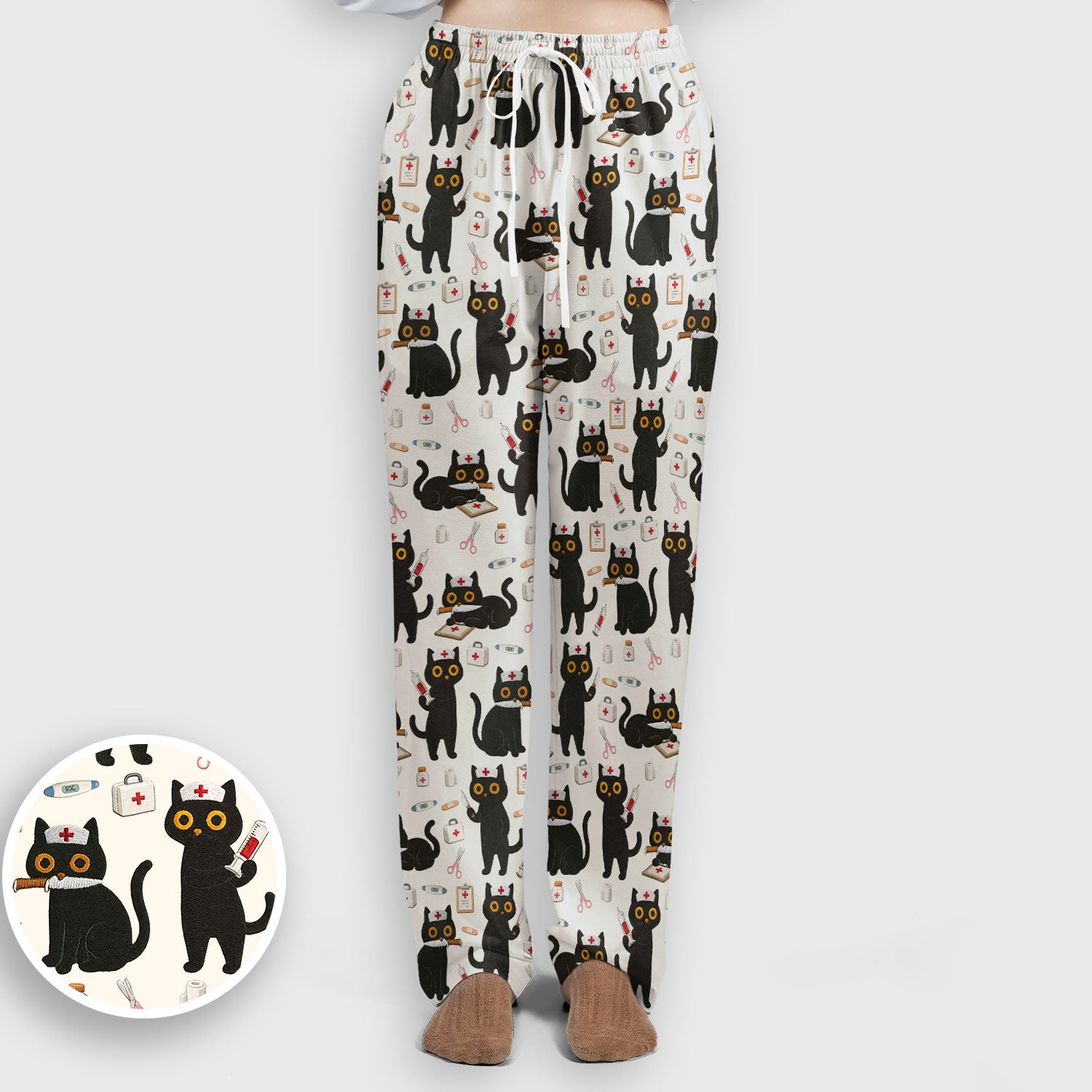 Cute Black Cat Nurse Pattern Women's Scrub Set, Breathable Med Uniform