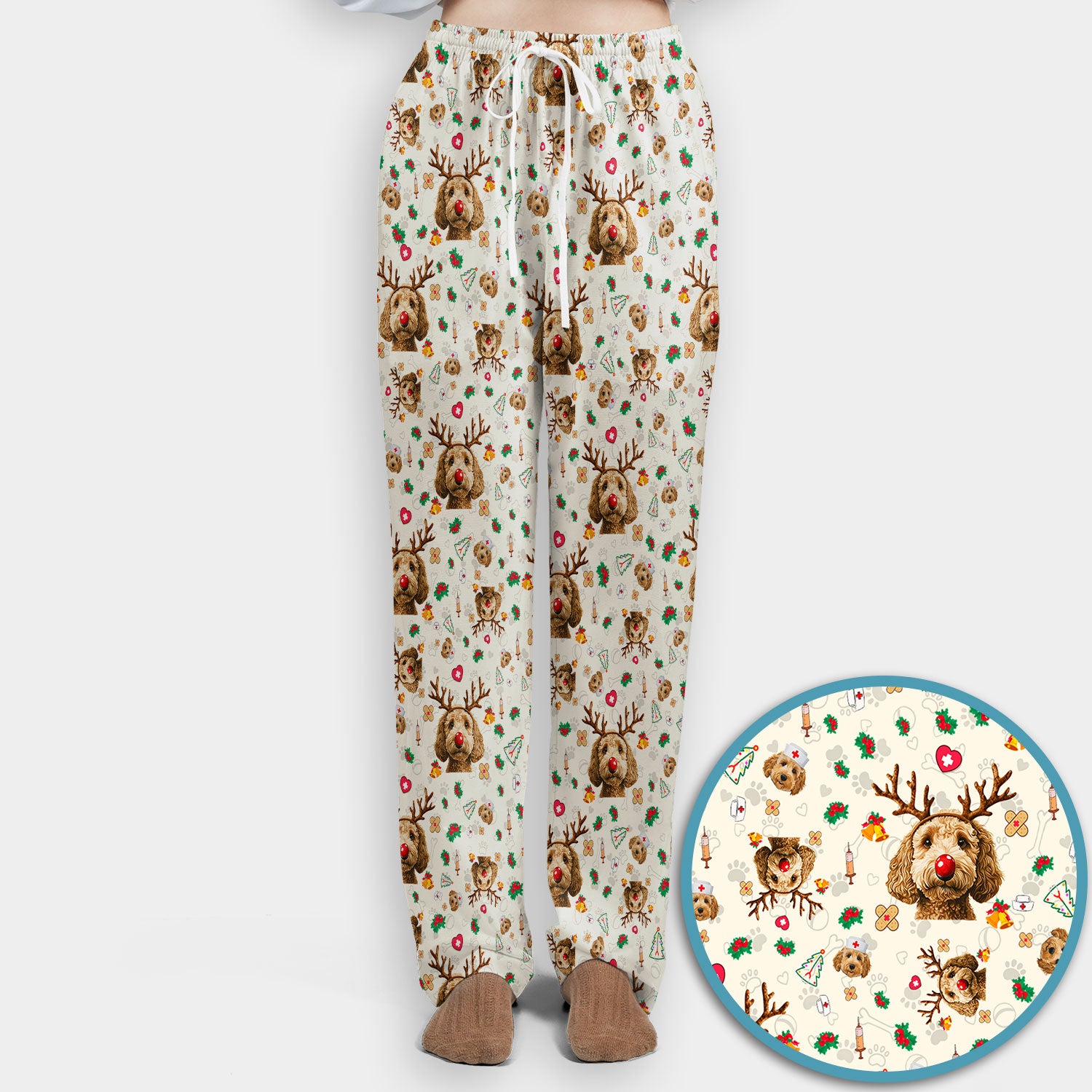 Christmas Labradoodle Scrub Set - Funny Reindeer Dog Nurse Pants and V Neck Top - Cute Holiday Medical Uniform