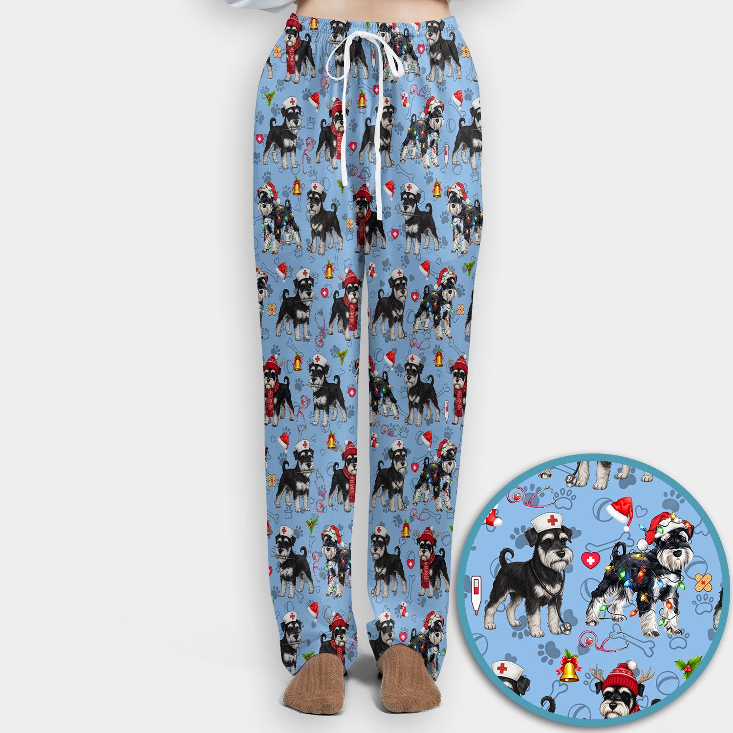 Christmas Schnauzer Scrub Set for Nurses - Cute Dog Holiday Scrubs Pants and V Neck Top - Funny Santa Nursing Medical Shirt for Women