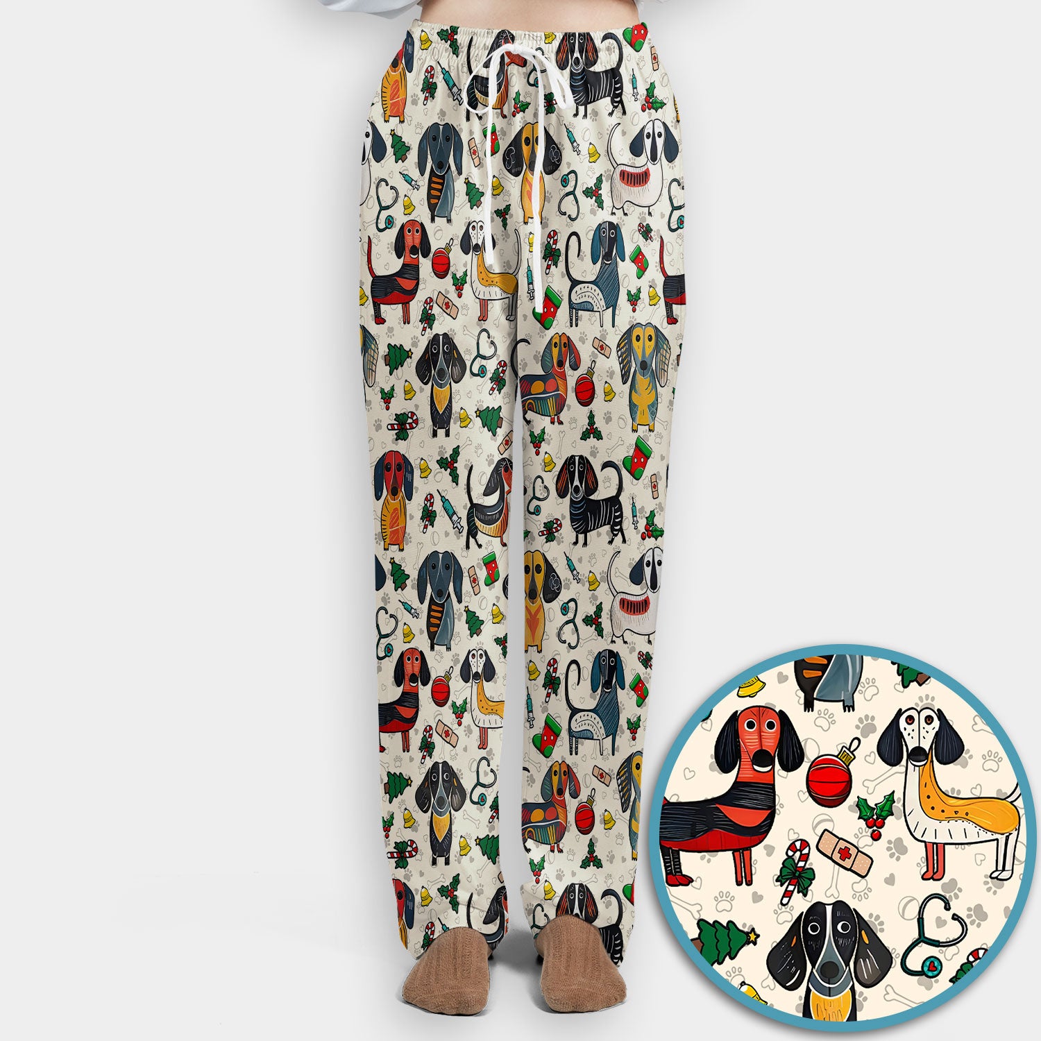 Christmas Wiener Dog Scrub Set - Funny Sausage Dog Pants and V Neck Top - Holiday Medical Uniform