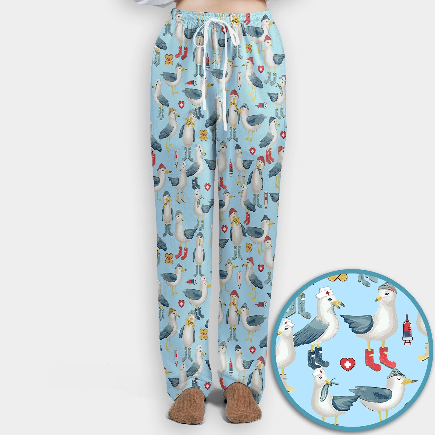 Funny Seagull Nurse Scrub Set - Cute Bird with Medical Icons Scrubs Pants and V Neck Top - Comfortable Scrubs for Women