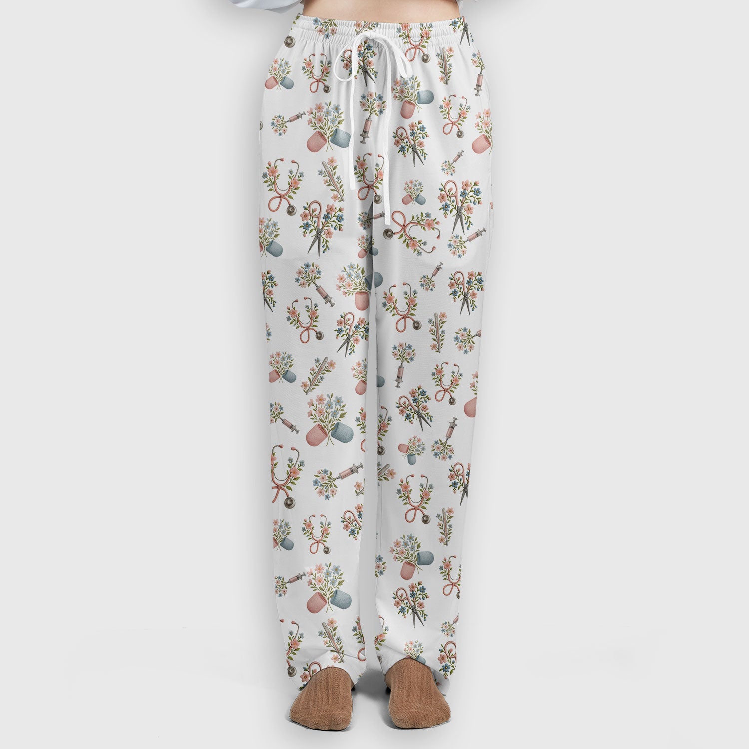 Floral Medical Scrub Set, Elegant Stethoscope With Flower Nursing Shirt, Breathable Fabrics Nurse Uniform