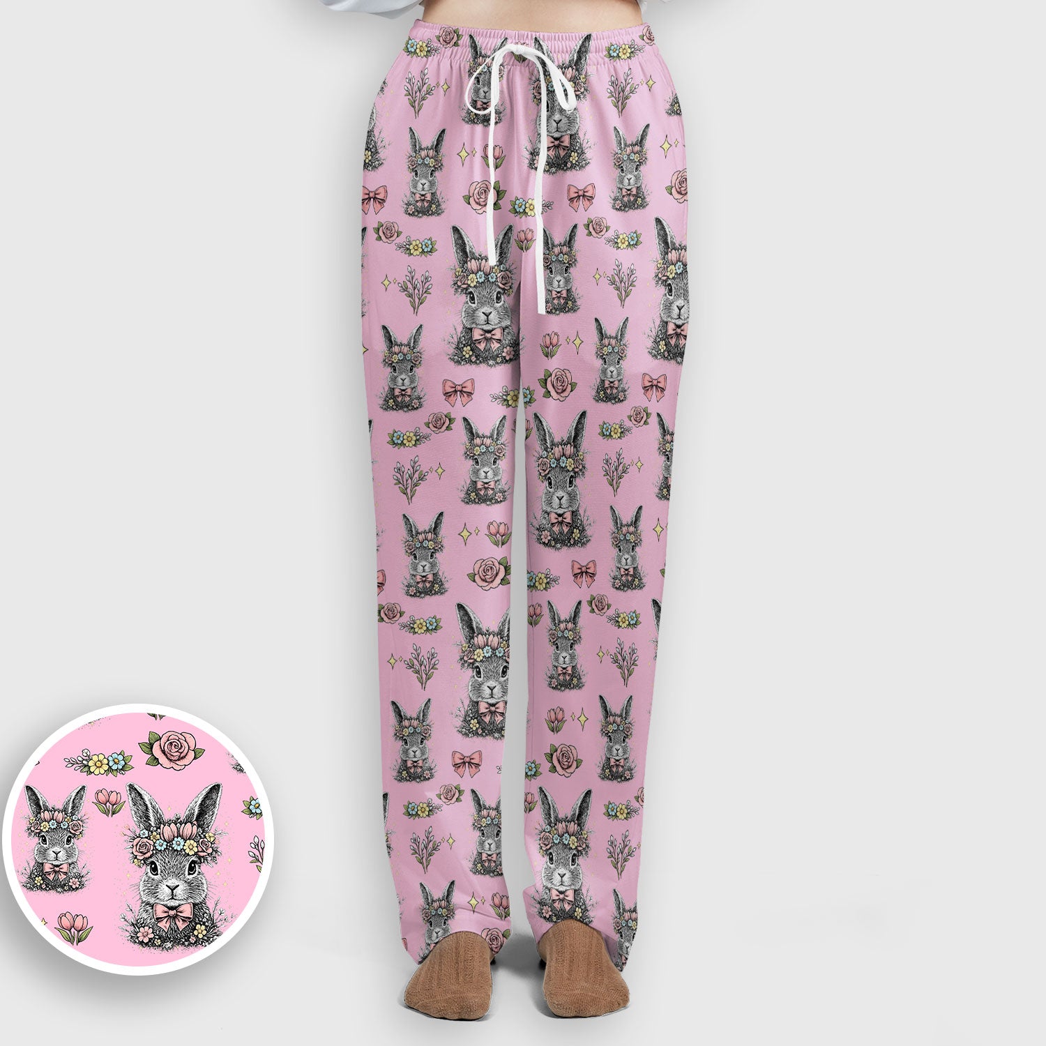 Vintage Floral Bunny Print Scrub Set, Scrub Pants and V Neck Top