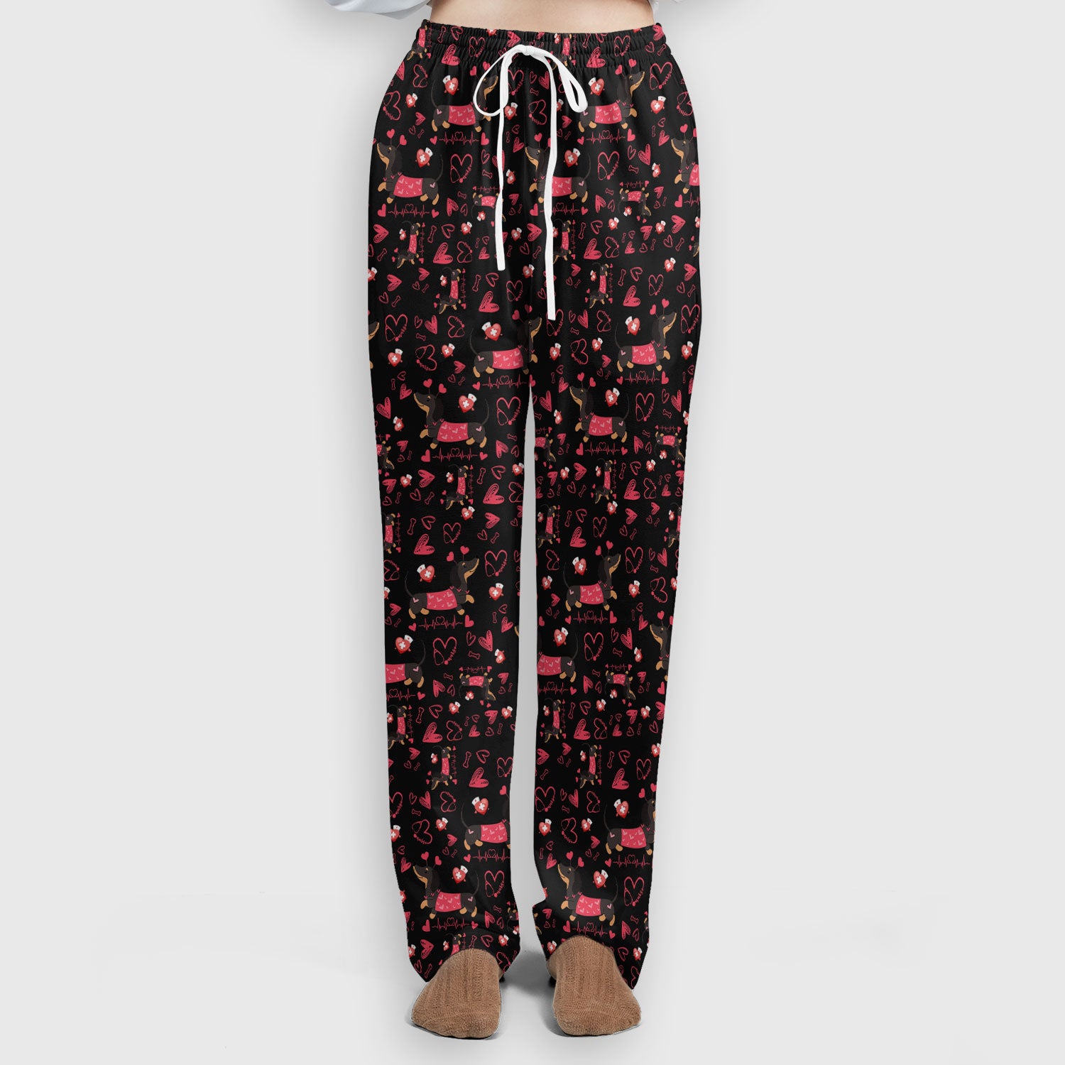 Dachshund Valentine Scrub Set, Cute Wiener Dog Heart Pattern Nurse Shirt, Breathable Fabrics Nursing Uniform