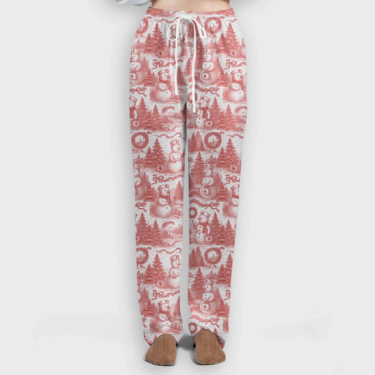 Toile de Jouy Christmas Scrubs Set – Elegant Snowman and Nurse Pattern – Classic Holiday Scrub Top and Pants for Women