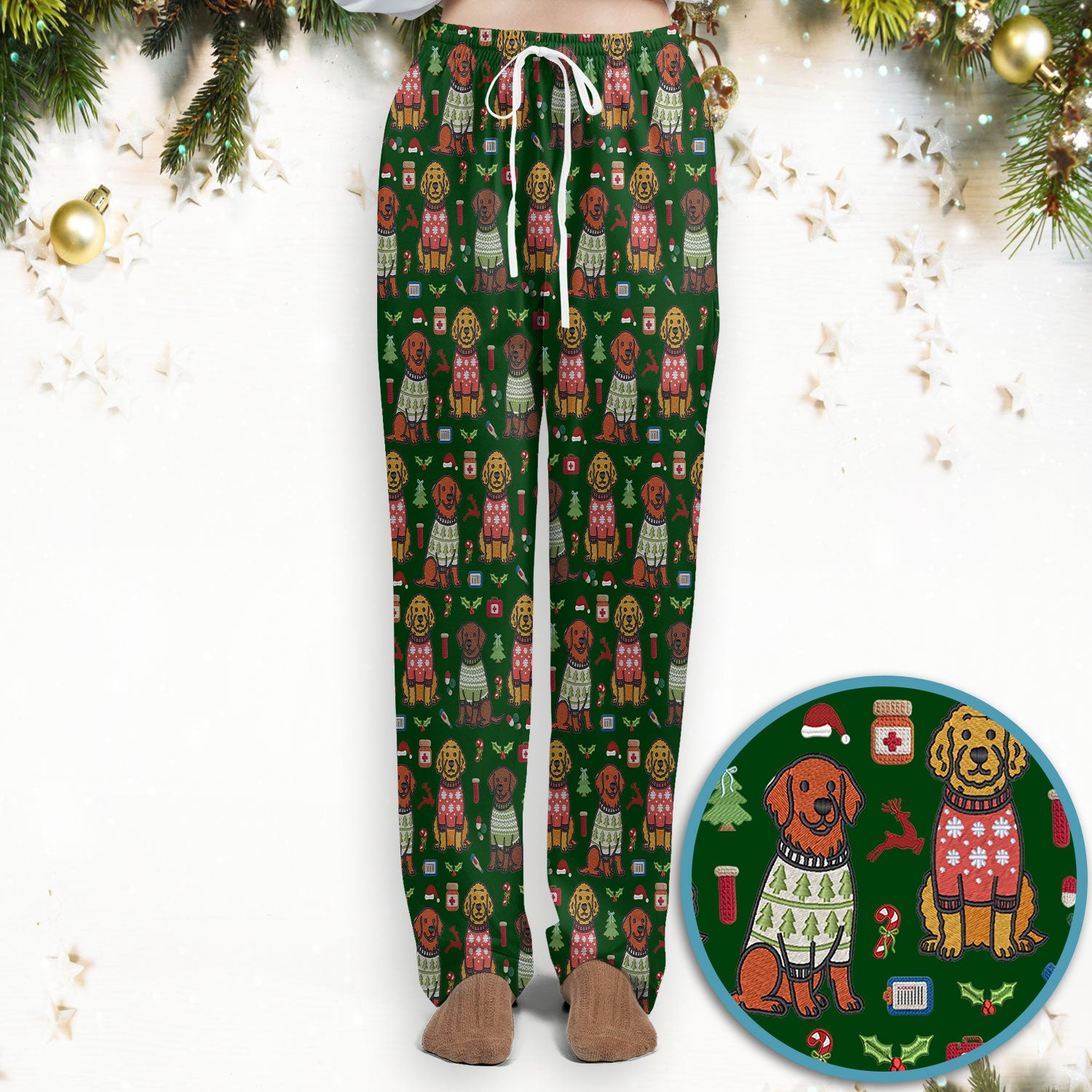 Golden Retriever Christmas Scrub Set, Cute Holiday Dog Nurse Pattern Shirt, Breathable Fabrics Nursing Uniform