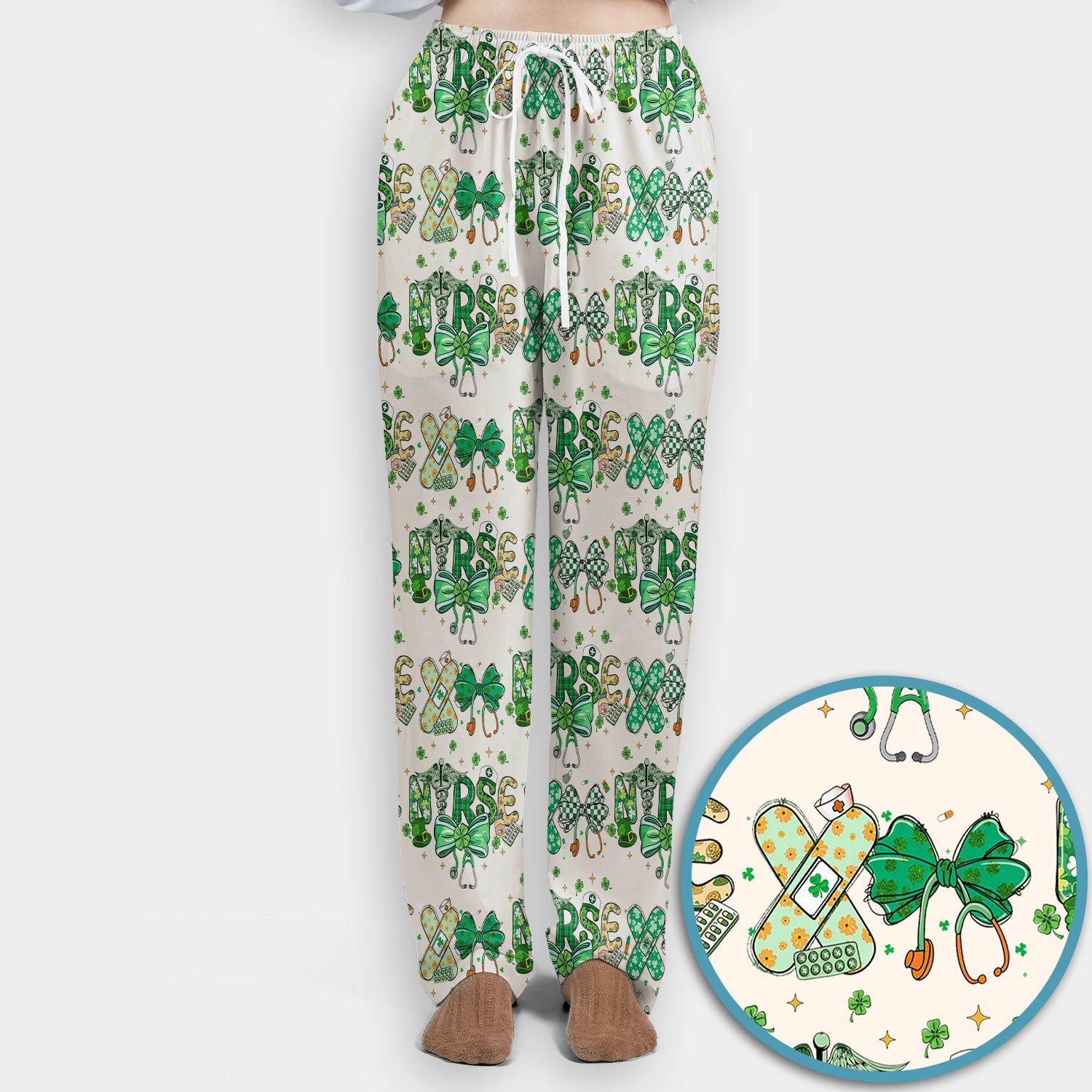 St. Patrick’s Nurse Scrub Set, Lucky Clover And Green Bow Pattern Nurse Shirt, Breathable Fabrics Nursing Uniform