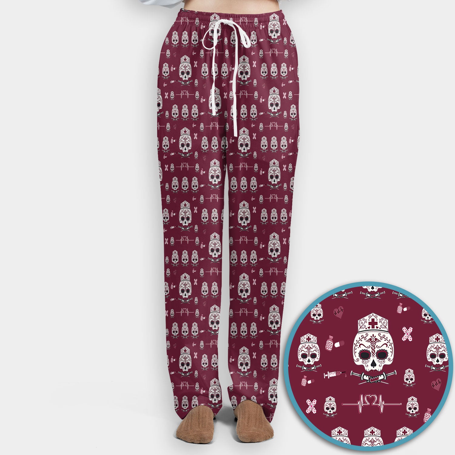 Sugar Skull Scrub Set, Skull Pattern Scrub Shirt, Breathable Fabrics Nursing Uniform