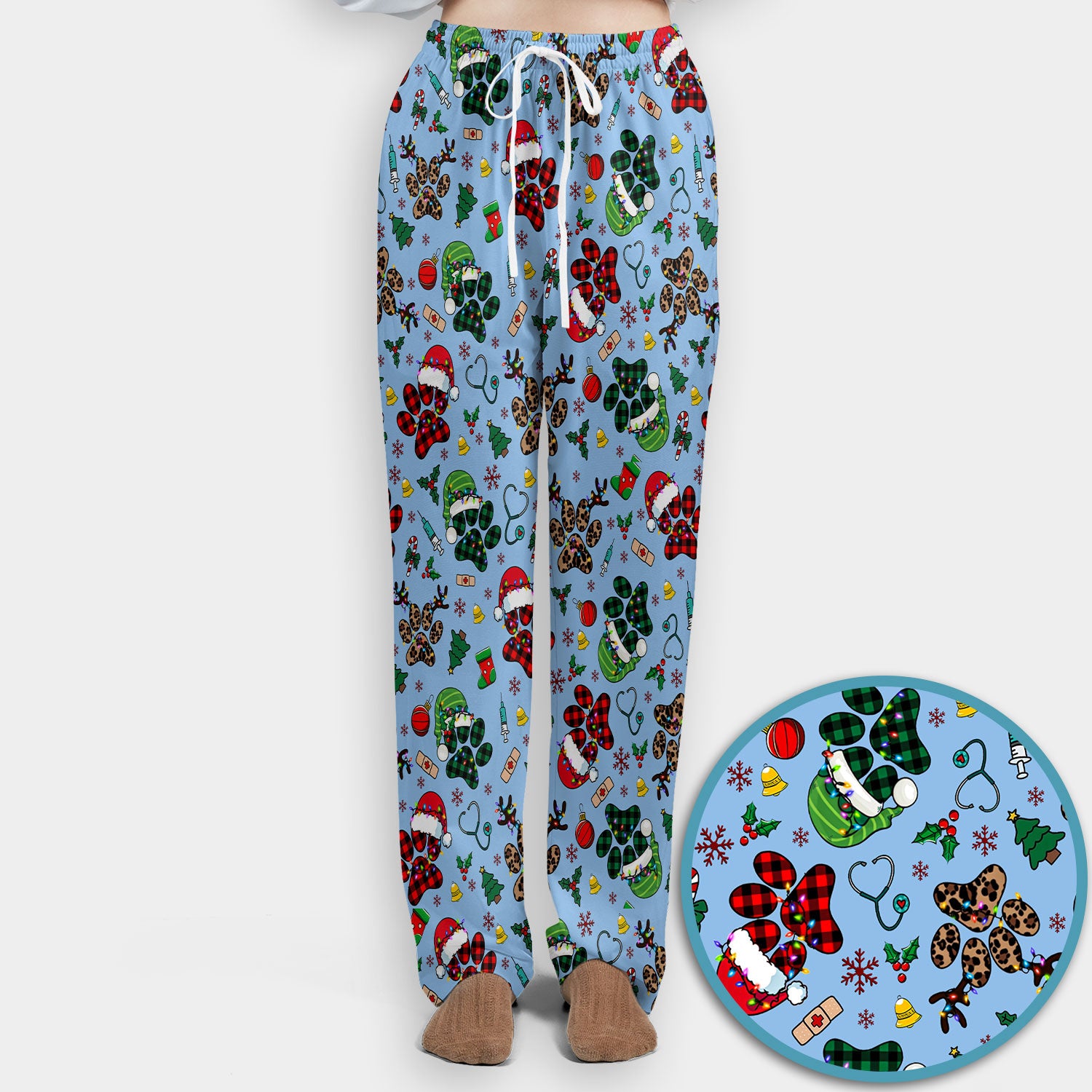 Christmas Paw Print Scrub Set for Nurses - Cute Leopard Holiday Pants and V Neck Top - Funny Pet Medical Uniform Gift